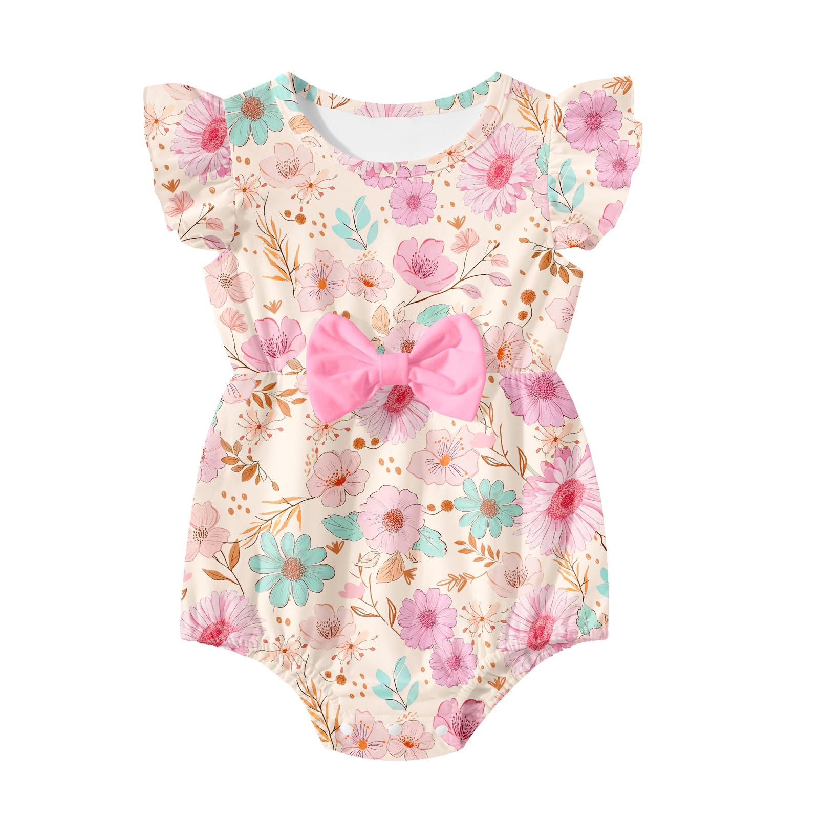 Kimoda Baby Girls Clothes Infant Ruffle Bodysuit Summer Print Romper with Bow 0-18 Months
