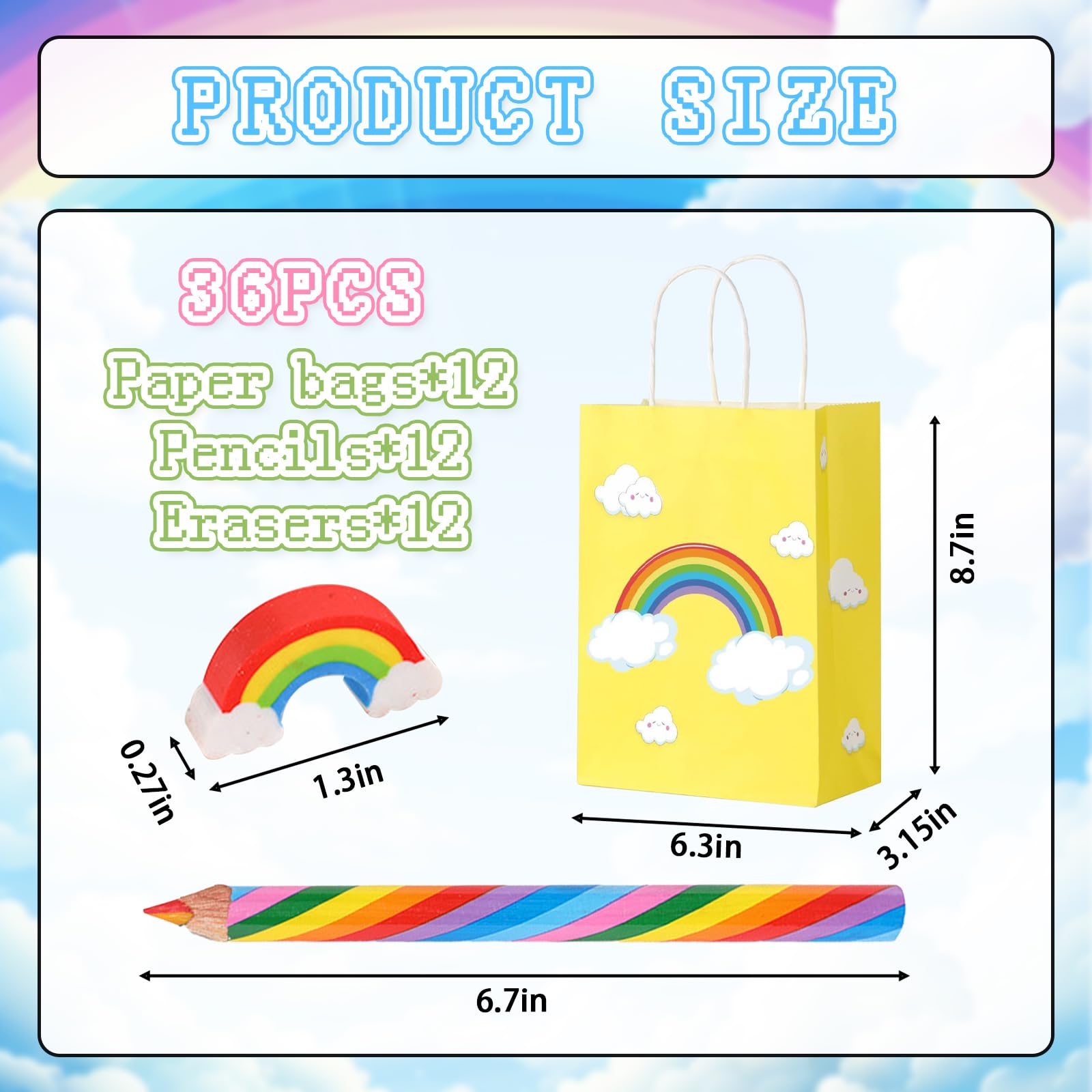 Eymobad Set da 36 regalini Arcobaleno, 12 matite, 12 sacchetti regalo, 12 gomme, 4 in 1 matite colorate per bambini, adulti, scuola, fai da te