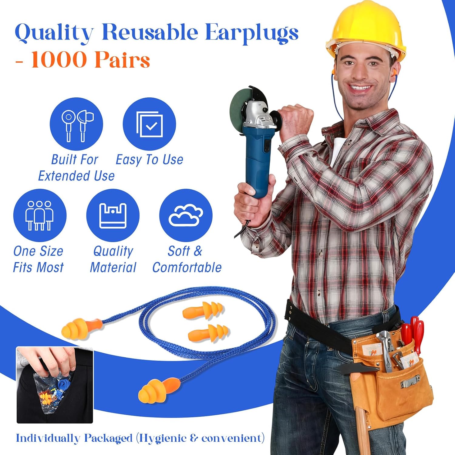 Relaxweex 1000 Pairs Corded Ear Plugs Bulk 25dB NRR Reusable Silicone Ear Plug with String Individually Wrapped Earplugs for Sleeping Noise Reduction Hearing Protection Shooting Construction Work