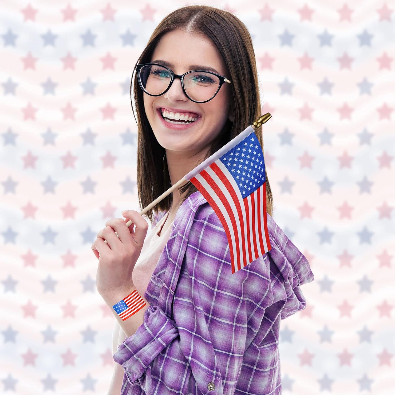 Batiyeer 100 Pcs Mini American Flag on Stick & 500 Pcs USA Flag Stickers Patriotic Decoration for 4th of July Memorial Day Parades & Parties - Polyester, Triangular, Red, White, Blue
