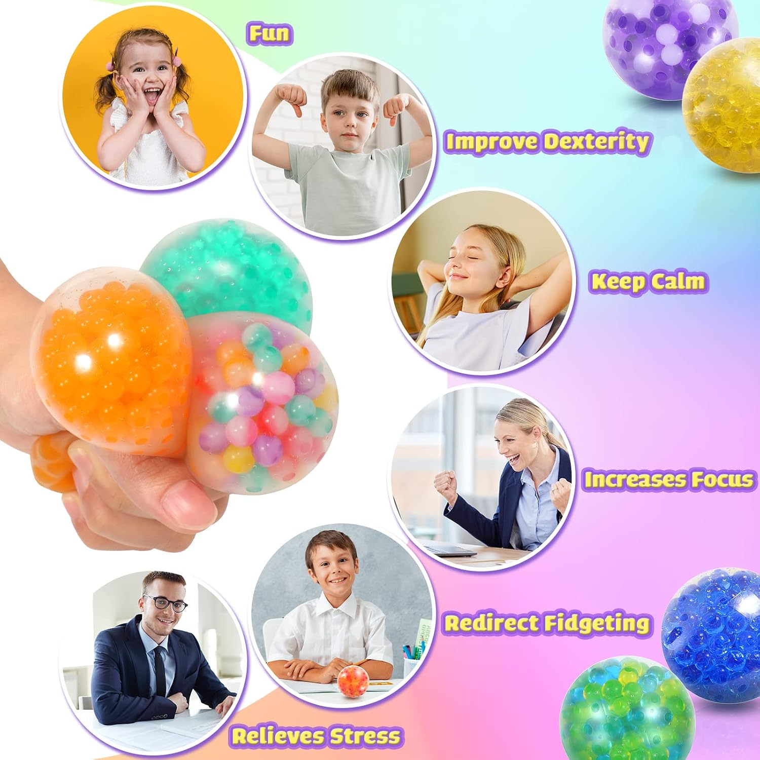 Small Fish Sensory Stress Ball Set for Kids and Adults, 18 Pack Stress Relief Fidget Balls Filled with Water Beads to Relax, Decompress, and Focus, Squishy Toys for Children with Autism, and ADHD