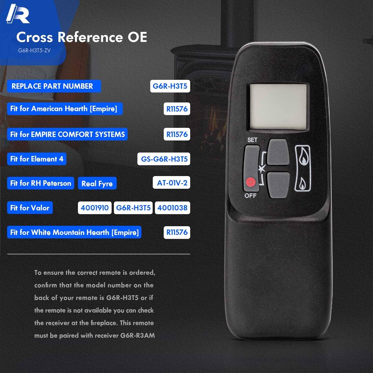 G6R-H3T5 Radio Remote Control Compatible with Maxitrol G6R-R3AM Control Module Receiver, for RH Peterson/Real Fyre, Valor, Empire, Element 4 Gas Fireplaces Replace# R11576 AT-01V-2 4001910 4001038