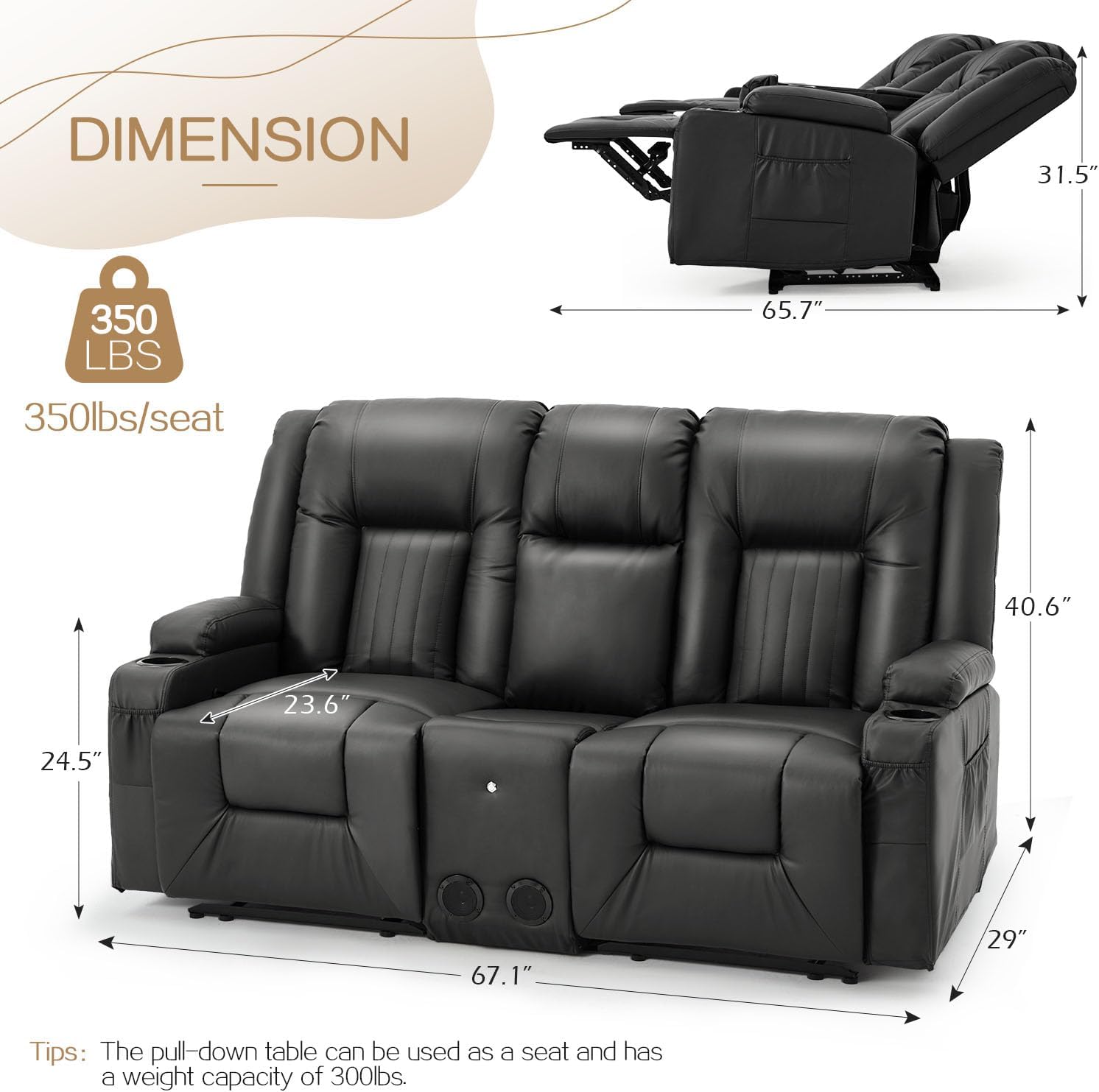 Recliner Loveseat with Console&Bluetooth Speakers, Manual RV Loveseat Reclining Sofa with USB Ports&4 Cup Holders, 2 Side Pockets Wall Hugger Recliner Home Theater Seating, Fuax Leather Black