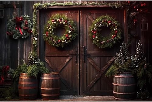 Telón de fondo de fotografía de 9 x 6 pies para Navidad, tablero de madera vintage, puerta, puerta, corona, fondo de pared, barriles, tablón de