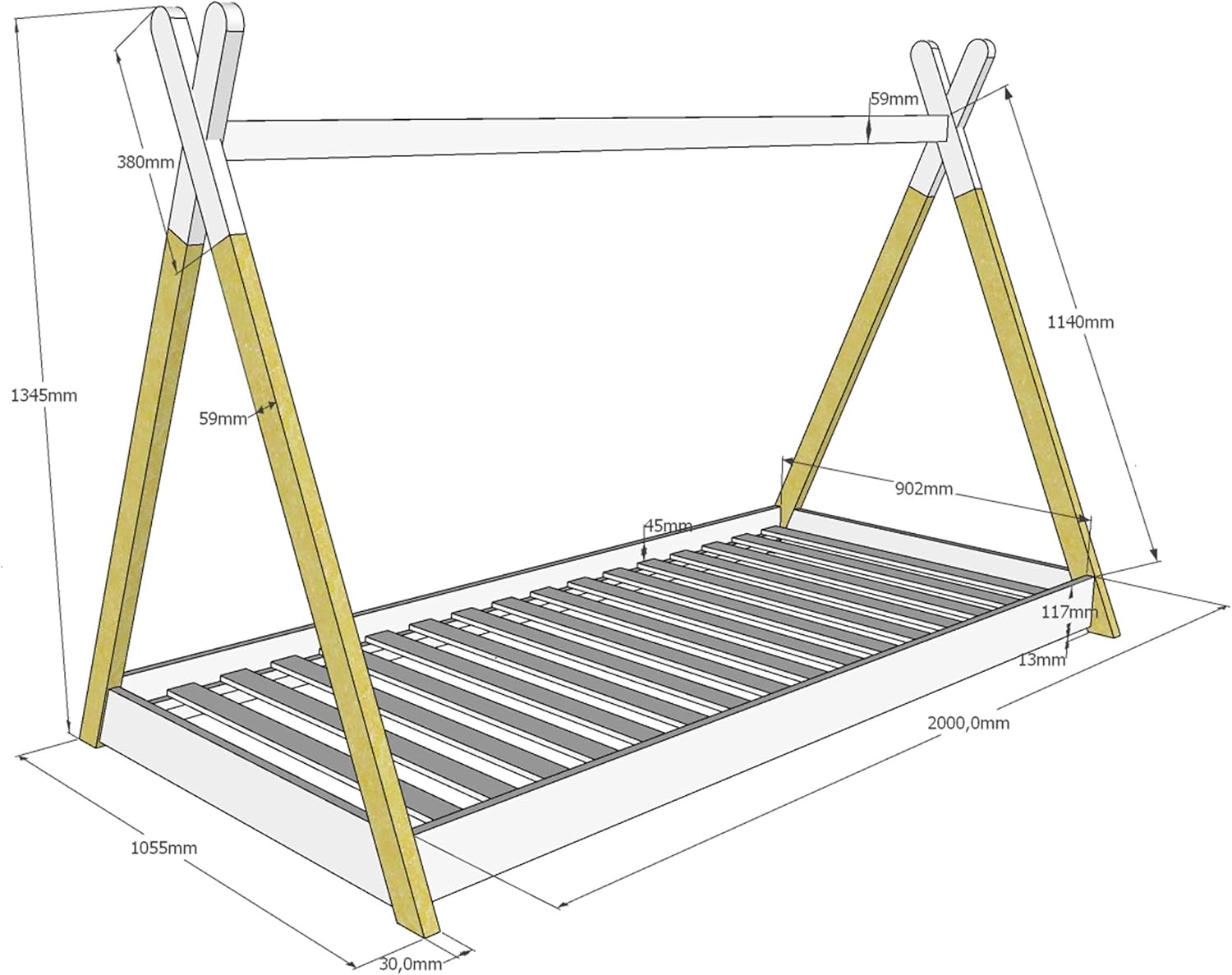 Technical drawing of Vipack Tipi Bed with dimensions and assembly details