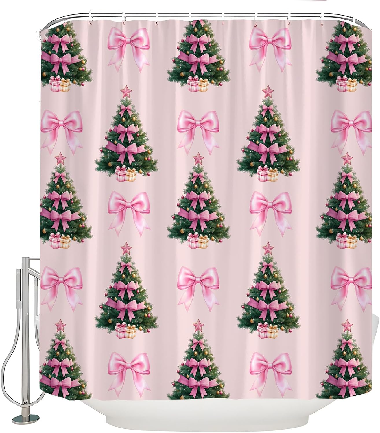 Christmas Tree Shower Curtain Cute Pink Bow Green Pine Tree Merry Christmas Winter Xmas Holiday Happy New Year Fabric Bathroom Curtain with Hook