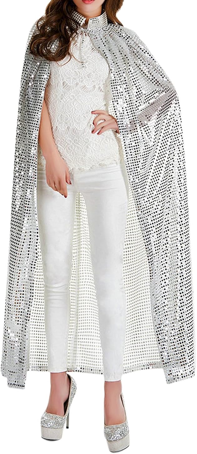 Adult Women Long Maxi Paillette Cosplay Cape Halloween Christmas Party Sequins Cloak Silver : Clothing, Shoes & Jewelry