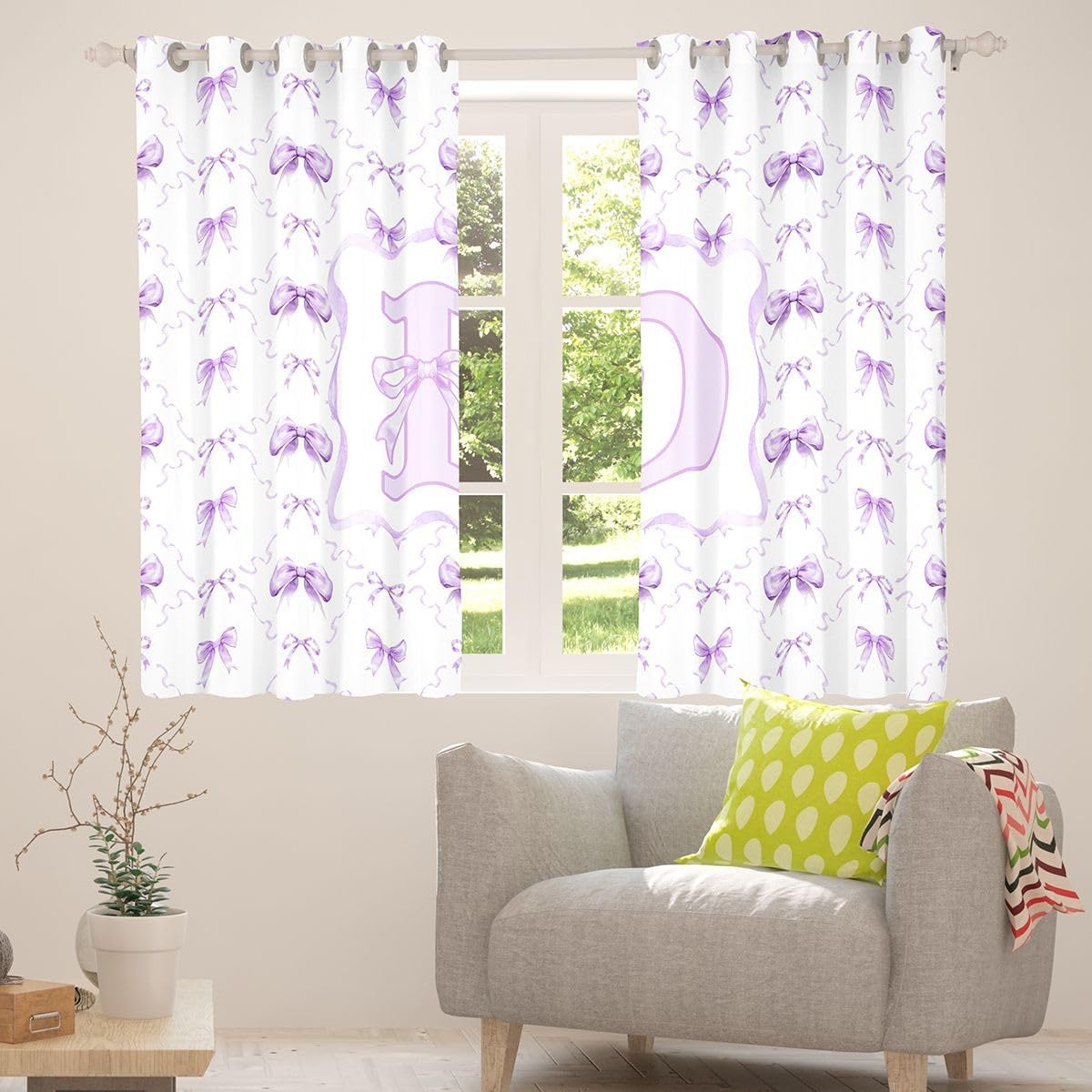 Erosebridal Purple Bow Blackout Curtains, Costom Initial D Bowknot Curtains Drapes, Purple and White Bow Tie Kids Girls Bedroom Decor, Cute Preppy Bows Window Treatments 2 Panels 38 x 45 Inch