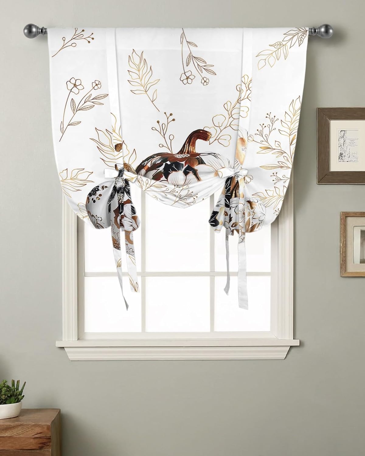 Abstract Golden Chic Pumpkins Tie Up Window Shade Curtain Autumn Harvest Kitchen Adjustable Balloon Curtains Shades Drape 46x63In for Living Room/Bedroom/Cafe Windows Minimalist Line Plant