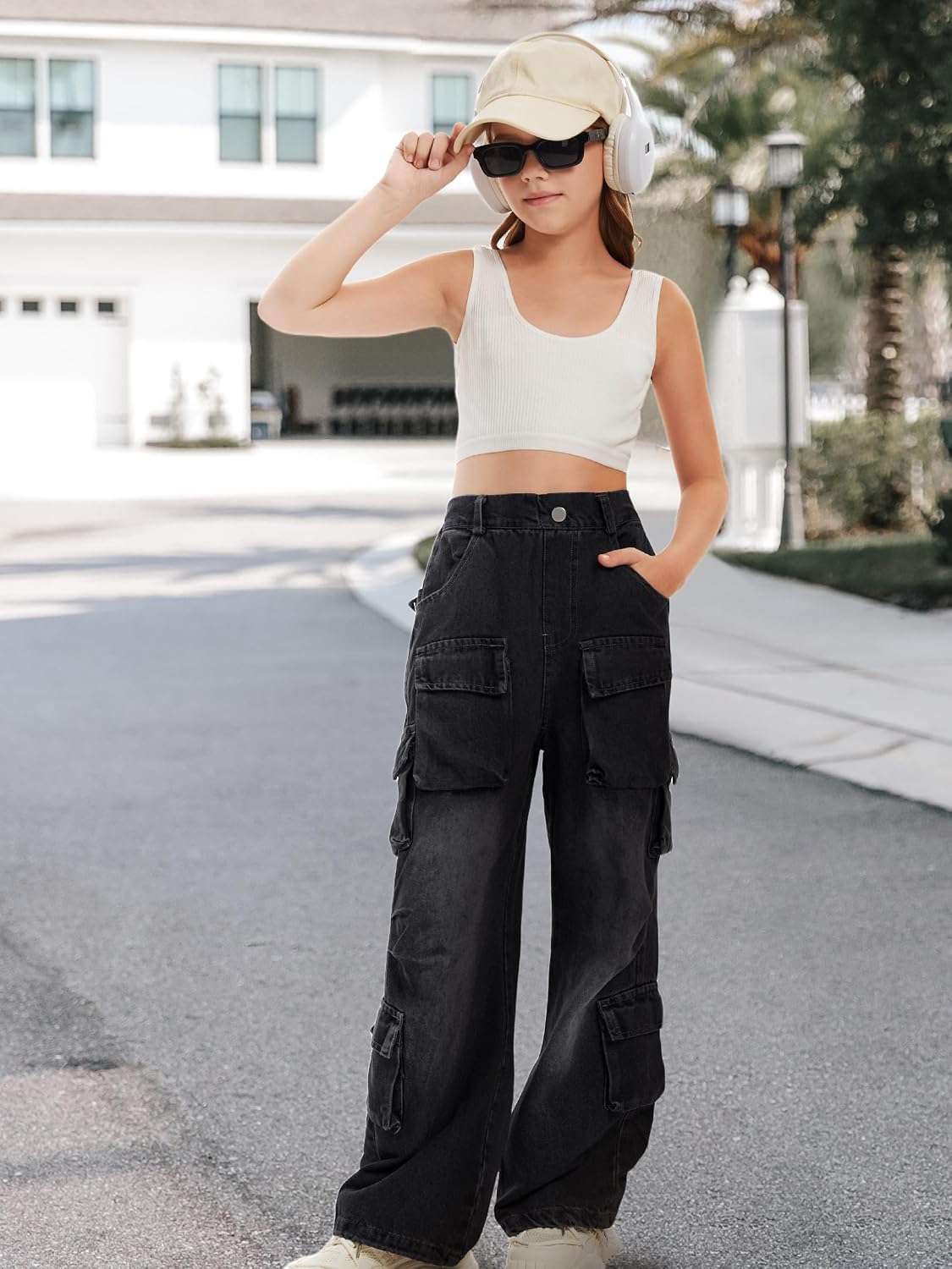 Girls-Jeans, Stretch-Waisted Wide Leg Multiple Pockets Baggy Y2K Girls-Cargo-Pants, Kid-Jeans 5-16 Years