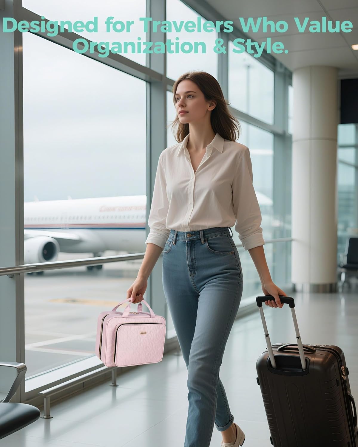 Travel Hanging Toiletry Bag for Women, Water-Resistant Cosmetic Organizer with 4 Compartments & 360° Swivel Hook, TSA-Approved Makeup Bag for Shampoo, Full Sized Container, Toiletries (Pink) - Image 7