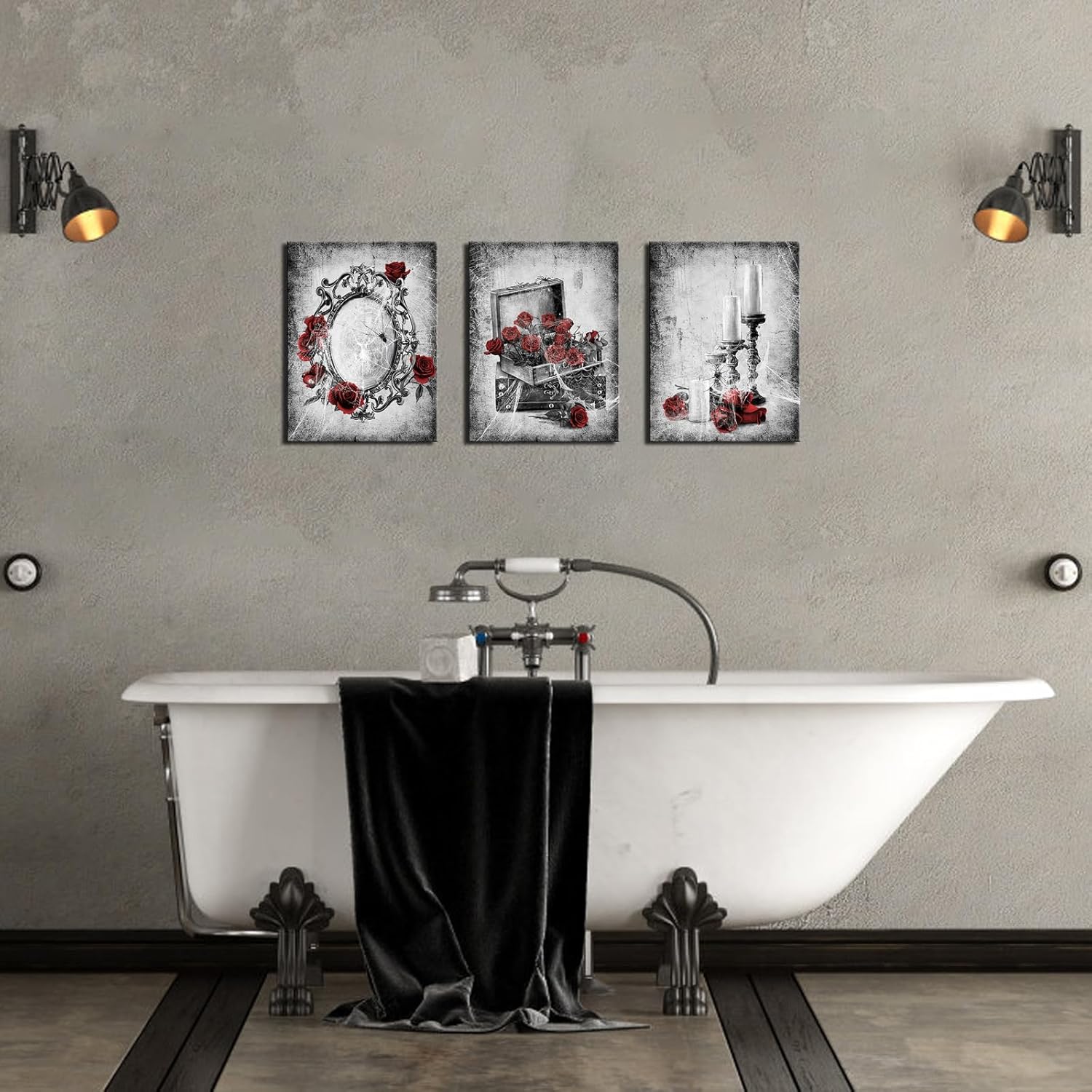 LevvArts Gothic Bathroom Decor Blue and Grey Bathroom Wall Art Goth Rose Flower Painting Home Bedroom Decorations (Red)