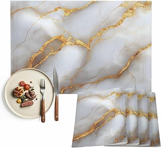 Table Placemats Set of 8,Grey Gradient Marble Gold Foil Non-Slip Kitchen Dining Tables Place Mat,Abstract Geometric Washable Table Mats for Home Dinner Holiday Party Banquet