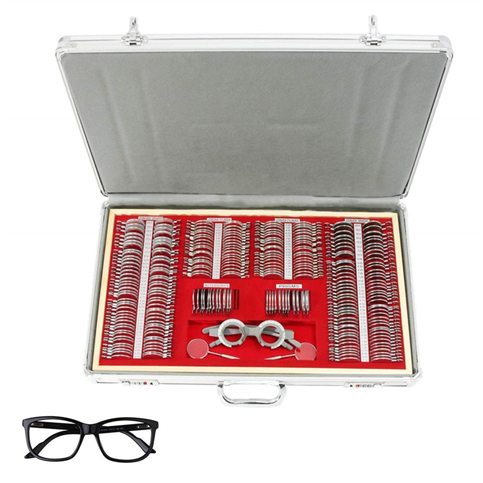 Juego de Lentes ópticos de Prueba 266PCS, Kit de optometría de Borde metálico con Marco de optometría y Estuche de Aluminio, Juego de Accesorios de protección Ocular para escuelas