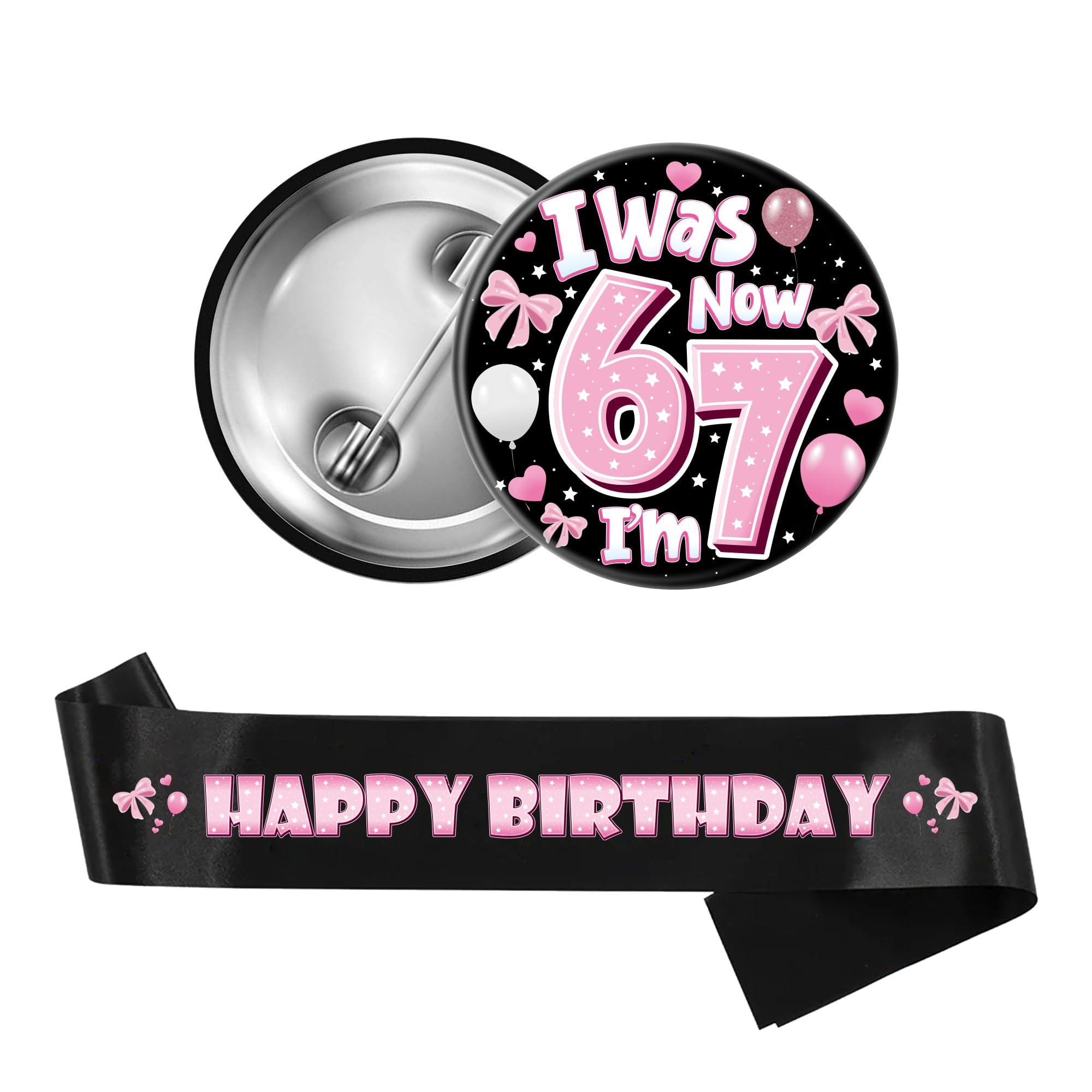 JGIIIJLP 67 Meme Birthday Sash Girl - 2 Pcs Black Satin Sash with Pink Glitter Happy Birthday and Pink Glitter 6 7 Badge Gift Set for Kids Girls Six Seven Birthday Party Accessorie