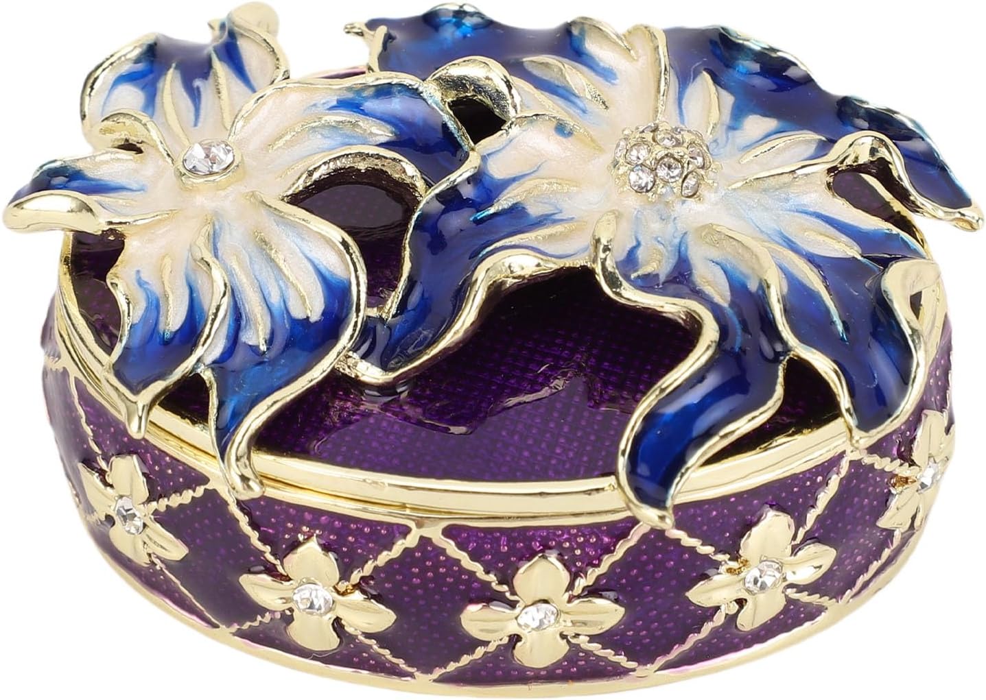 Jewelry Storage Box Enamel, Small Blue Orchid Metal Rhinestone Decor Organizer for Necklaces Rings Earrings, Trinket Box for Women Girls Gift