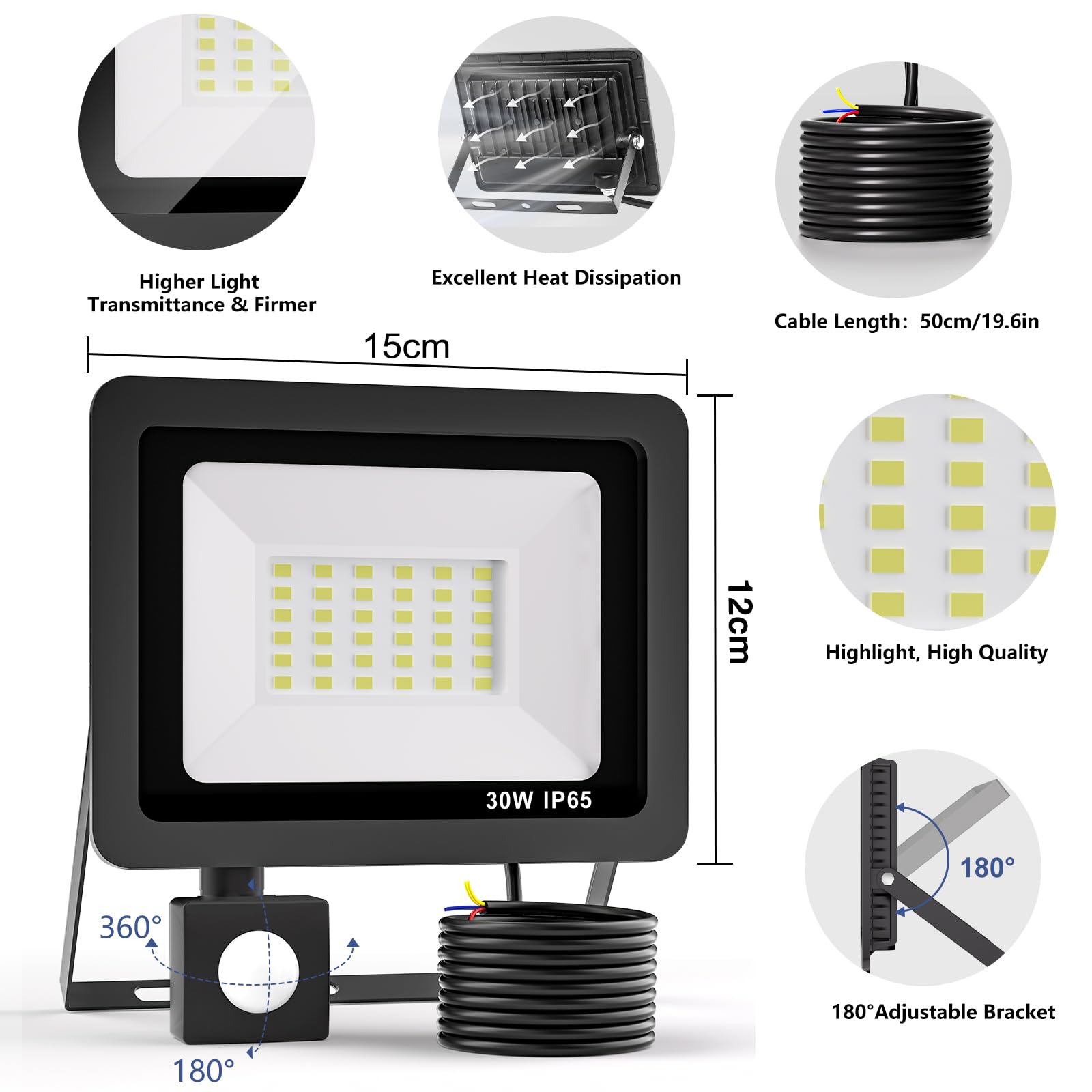Faretto LED Esterno GRIFEMA 20W Con Sensore Movimento - 2200LM, IP66, Luce Bianca Fredda 6500K Per Giardino - Foto 2