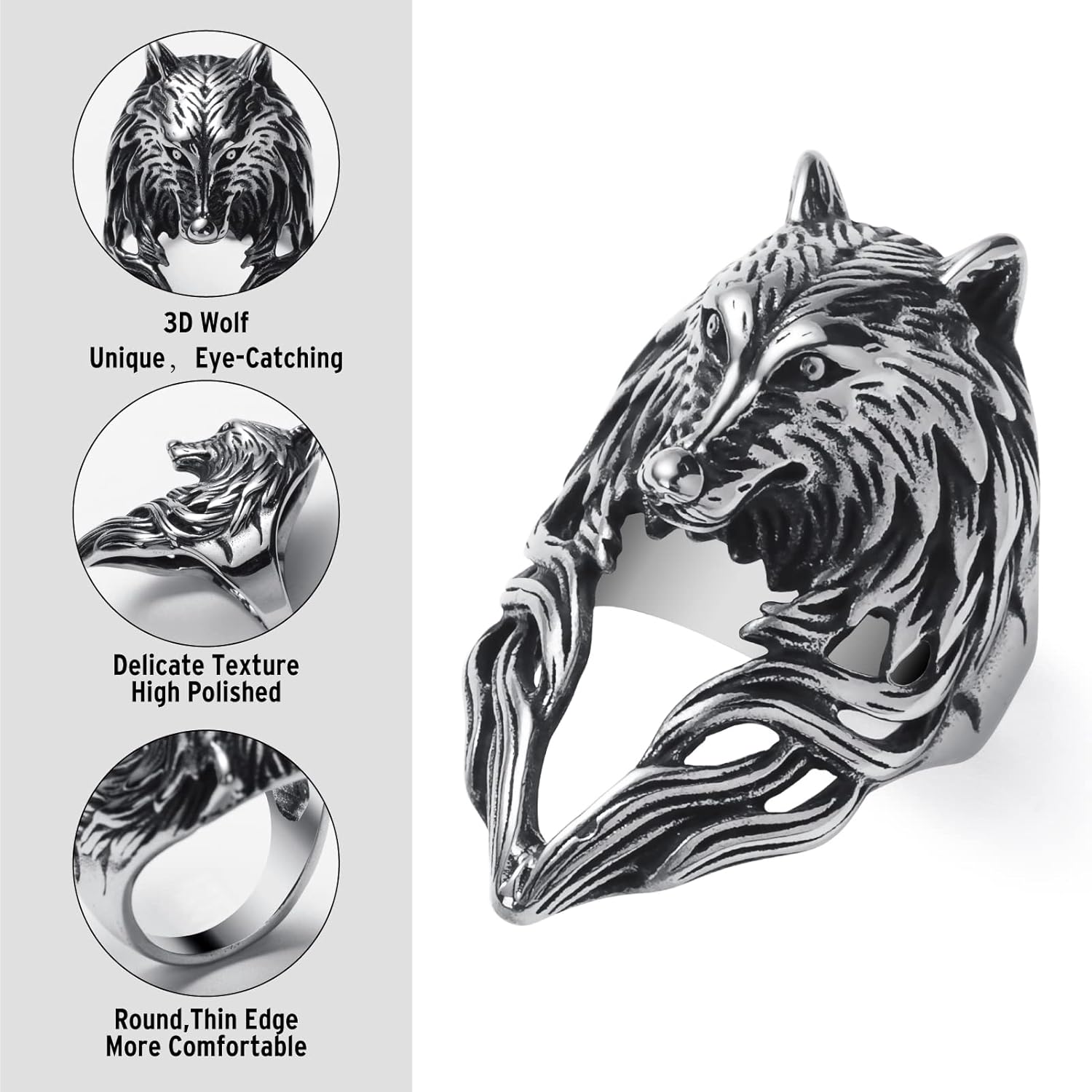 Gothic Crow/Dragon/Eagle/Lion/Snake/Tiger/Wolf Ring Stainless Steel Punk Biker Animal Rings Jewelry for Men Boys Size 7-13 - Image 2