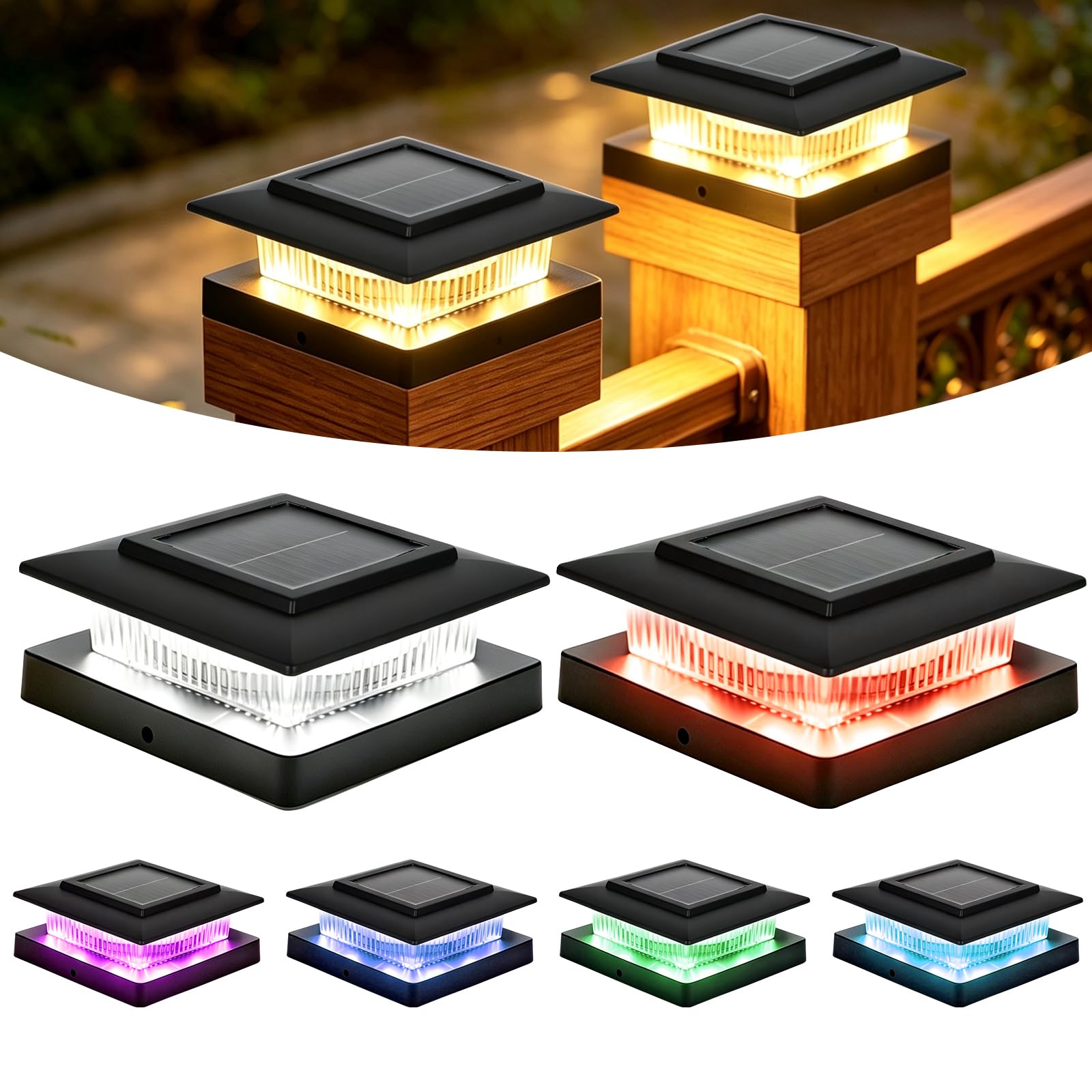 Miosugo Solar Post Cap Lights RGB Colour Changing Waterproof Outdoor for 4x4 3.5x3.5 Wood Vinyl Fence Posts, Dusk to Dawn Auto Lighting for Garden Decking Patio Porch (6)