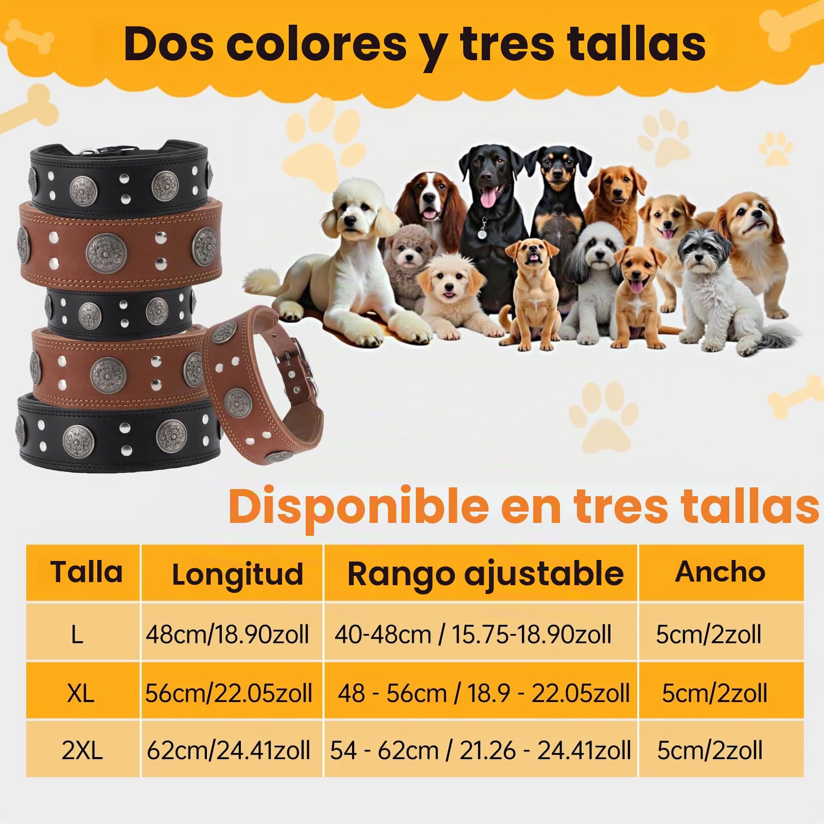 Collar de Cuero para Perros, Collar de Cuero Ancho para Perros de 5cm, Collares de Ajustables con Hebilla metálica, Collar Ancho para Perros de Razas Grandes y Medianas (Talla XL)