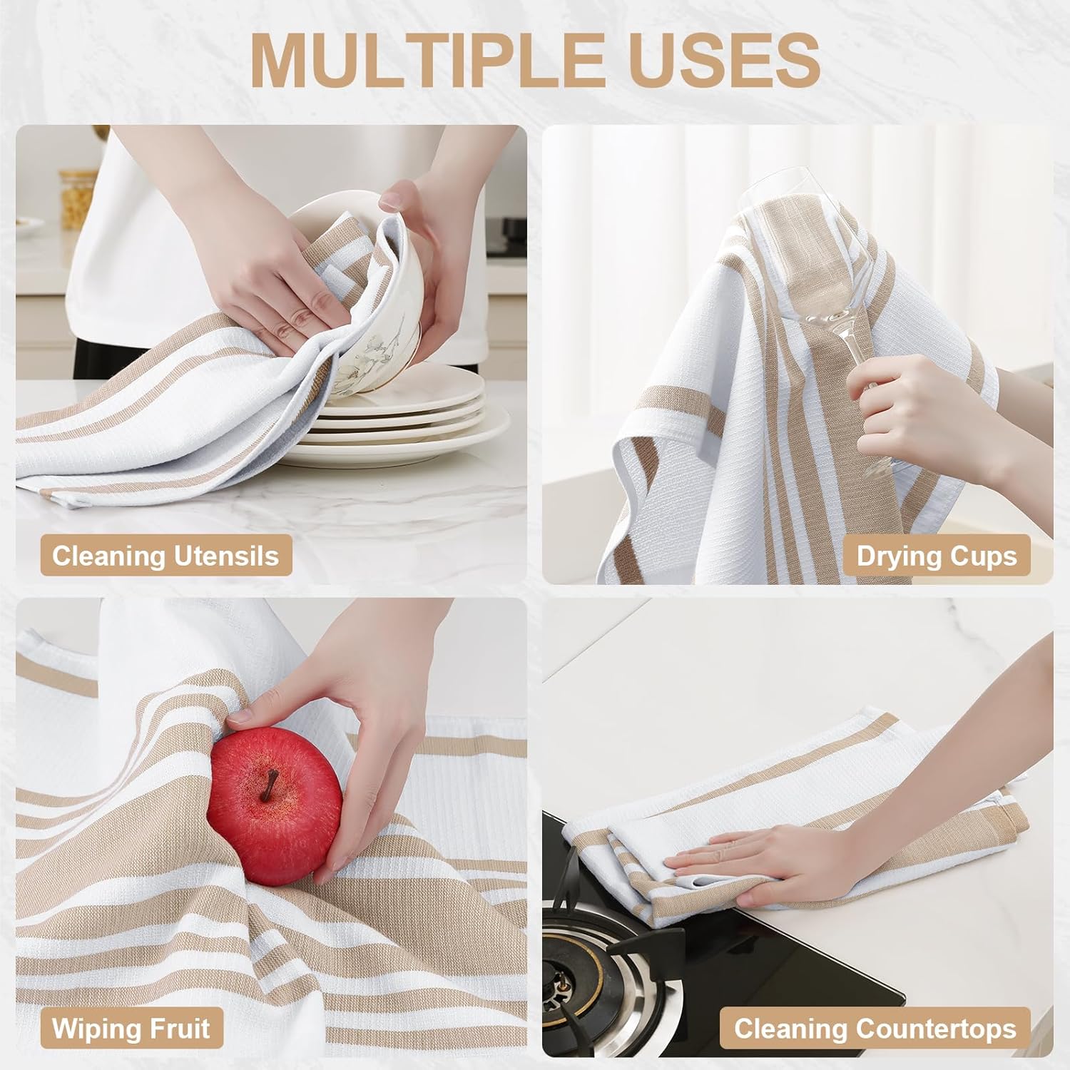 Homaxy Premium Kitchen Towels 18”x 28”, Large Cotton 380 GSM Kitchen Hand Towels, Stripe and Terry Dish Towel, Highly Absorbent Tea Towel Set with Hanging Loop, 6 Pack, Khaki - Image 4