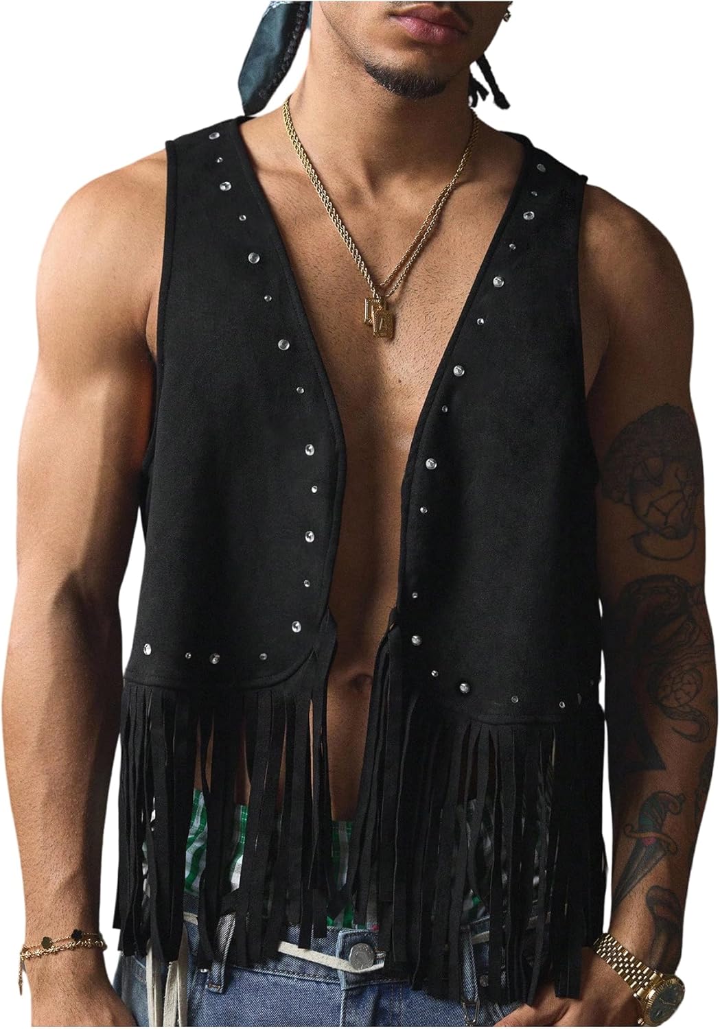 SHENHE Men's Western Cowboy Fringe Vest Sparkle Rhinestone Open Front 70s Hippie Vest Jacket - Image 2