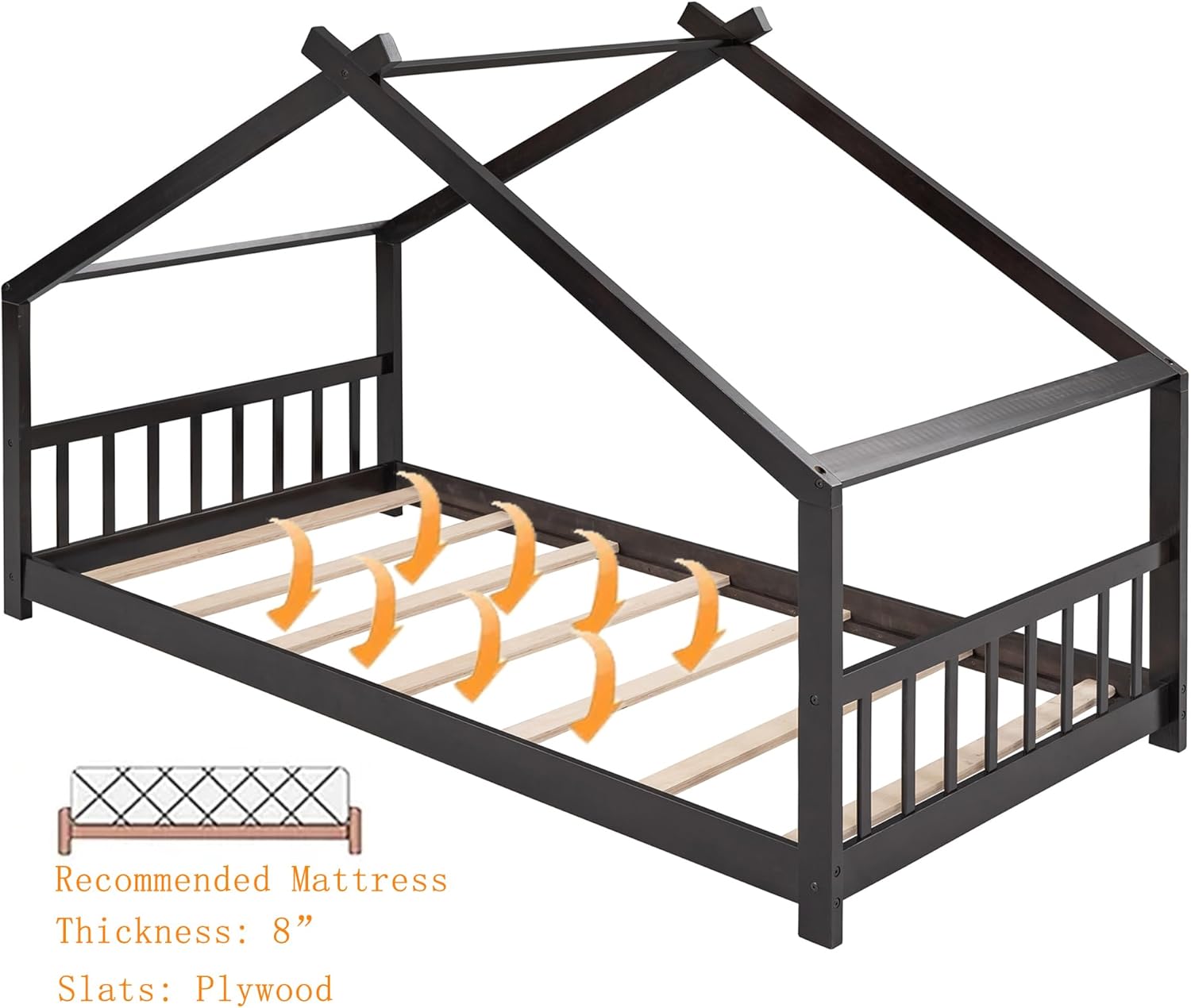 Bellemave Montessori Floor Bed Frame Twin Size, Twin Floor Bed Frame with Headboard, Footboard and Slats, Wood Montessori Bed Frame/Montessori House Bed for Kids, Girls, Boys(Espresso)