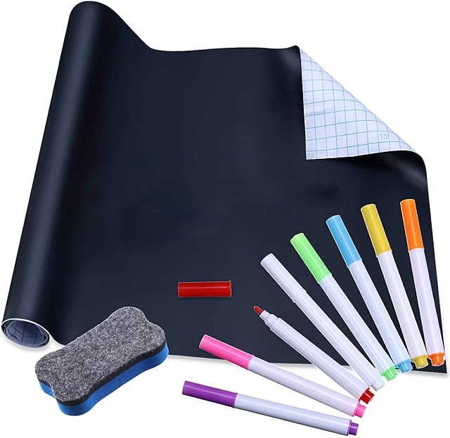 Chalkboard Contact Paper Roll Removable Board Wallpaper 12 x 39 Inch Self Adhesive Chalkboard Decal Sticker with 8 Pieces Chalk Markers and Eraser for Writing Board, Playroom, Take Notes (Black)