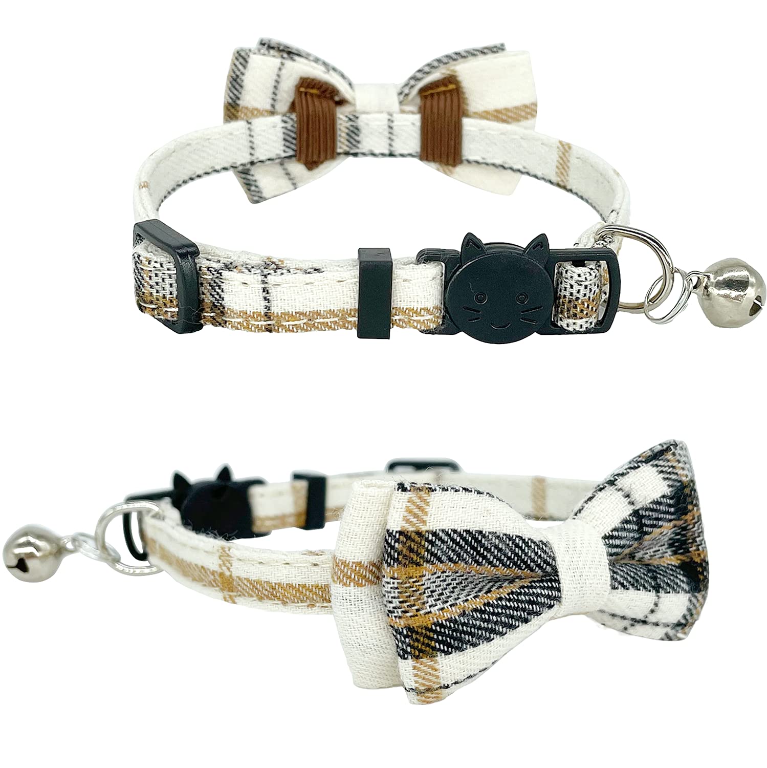 Katzenhalsband-Set, Katzenhalsband, mit niedlicher Fliege und Glöckchen, verstellbar von 19 - 27 cm, weich und bequem für Kätzchen und einige Welpen (beige + braun)