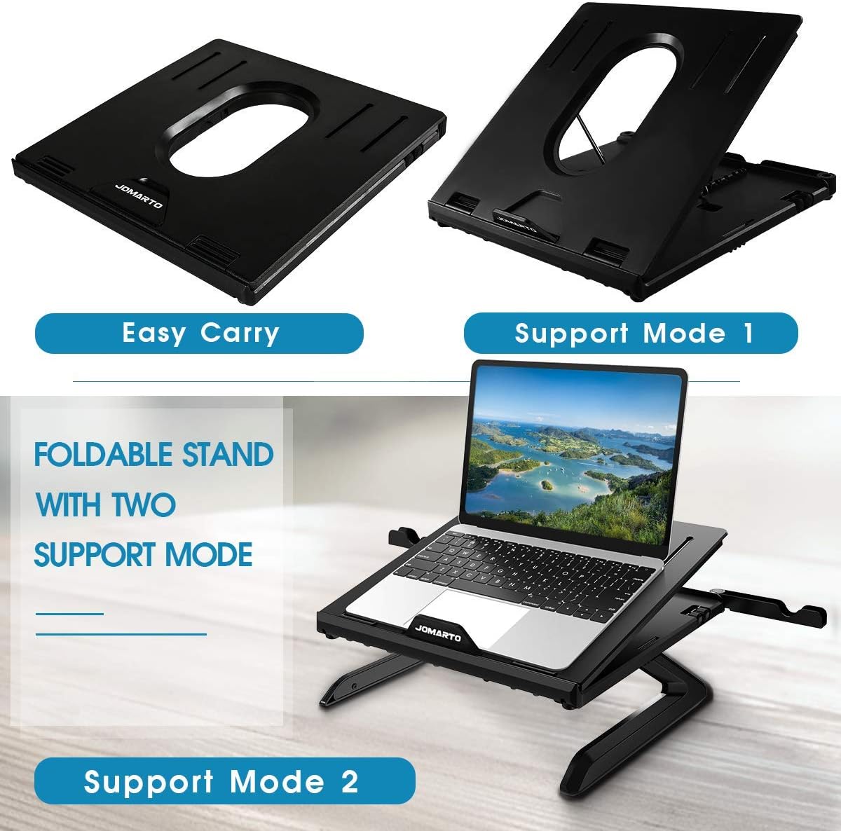 Laptop Stand, Dual Phone Holders Multi-Angle Folding Ergonomic Design Adjustable Stand for Laptop, Portable Laptop with Heat-Vent, Compatible with All Laptops of 10-17 Inches (Black)