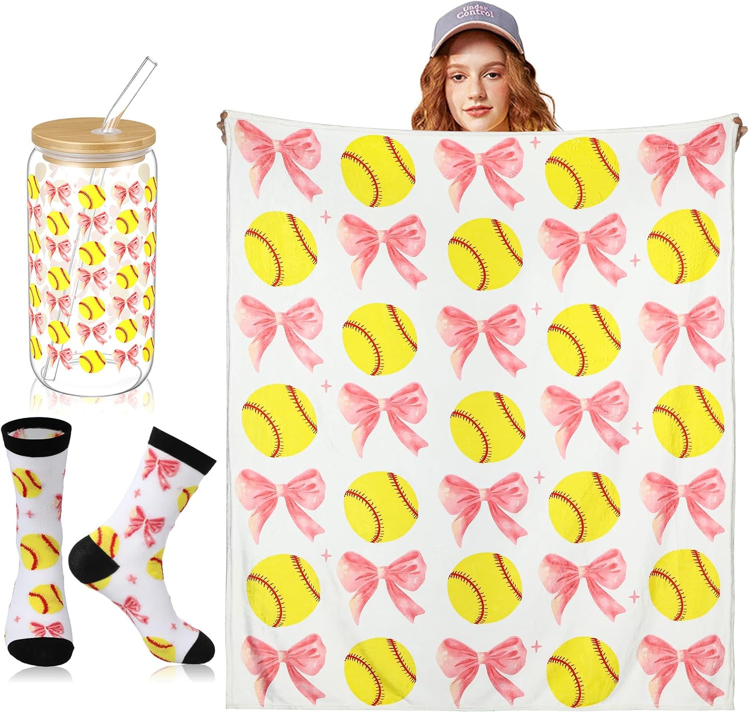 Tudomro 3 Pcs Softball Gifts for Girls Stuff Include Softball Themed 50''x60'' Throw Blanket 16 oz Glass Cup Socks Sport Accessories Birthday Gifts for Girls Women Team Player Coach