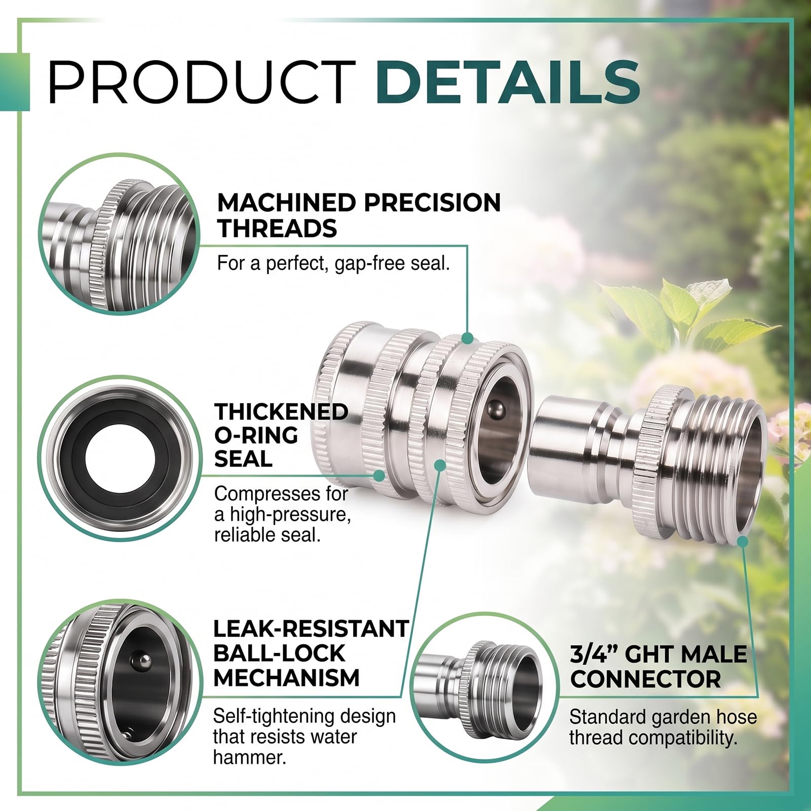 Set di raccordi per tubo da giardino in acciaio inossidabile, raccordi a connessione rapida per tubo dell'acqua da 3/4 pollici, connettore a sgancio rapido per tubo, rubinetto, spruzzatore, ugello e
