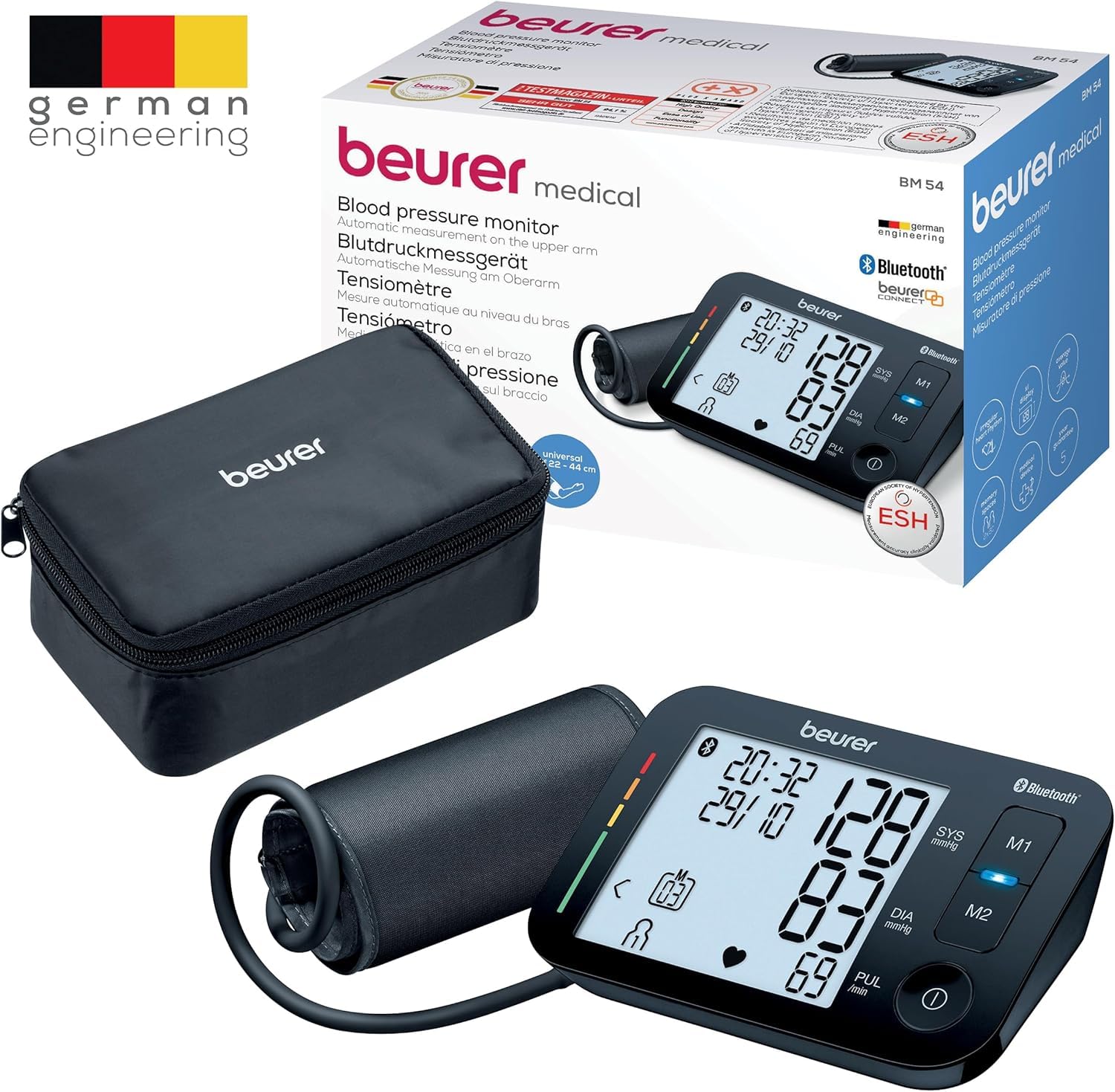 Beurer BM 54 Misuratore Di Pressione Da Braccio, Connessione Bluetooth E Display XL, per circonferenze braccio fino a 44 cm, 2 x 60 posizioni di memoria, Rilevazione aritmia e indicatore di rischio