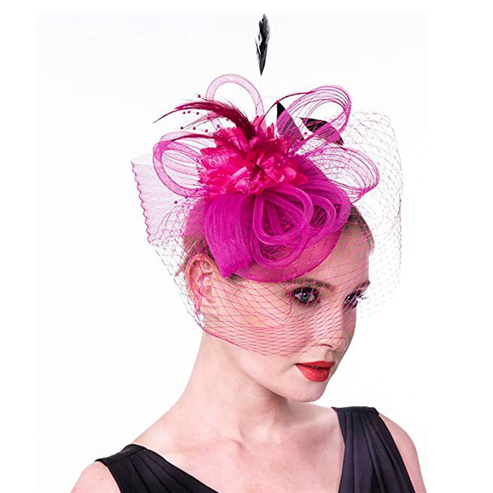 ISEEKLIKE Sombreros elegantes, accesorios, tocado, diadema for mujer, pinza for el pelo for fiesta de té, Derby, velo de malla de flores for boda, tocado(Color:Rose Red)