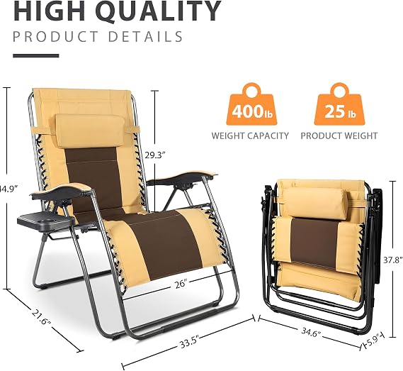 GRETERST Zero Gravity Chair Lawn Chair Oversized Padded Recliner Folding Outdoor Patio Lounge Chair Anti Gravity Lounger with Headrest, Side Drink Tray, Yellow