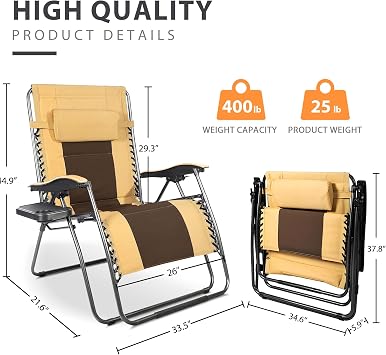 GRETERST Zero Gravity Chair Lawn Chair Oversized Padded Recliner Folding Outdoor Patio Lounge Chair Anti Gravity Lounger with Headrest, Side Drink Tray, Yellow