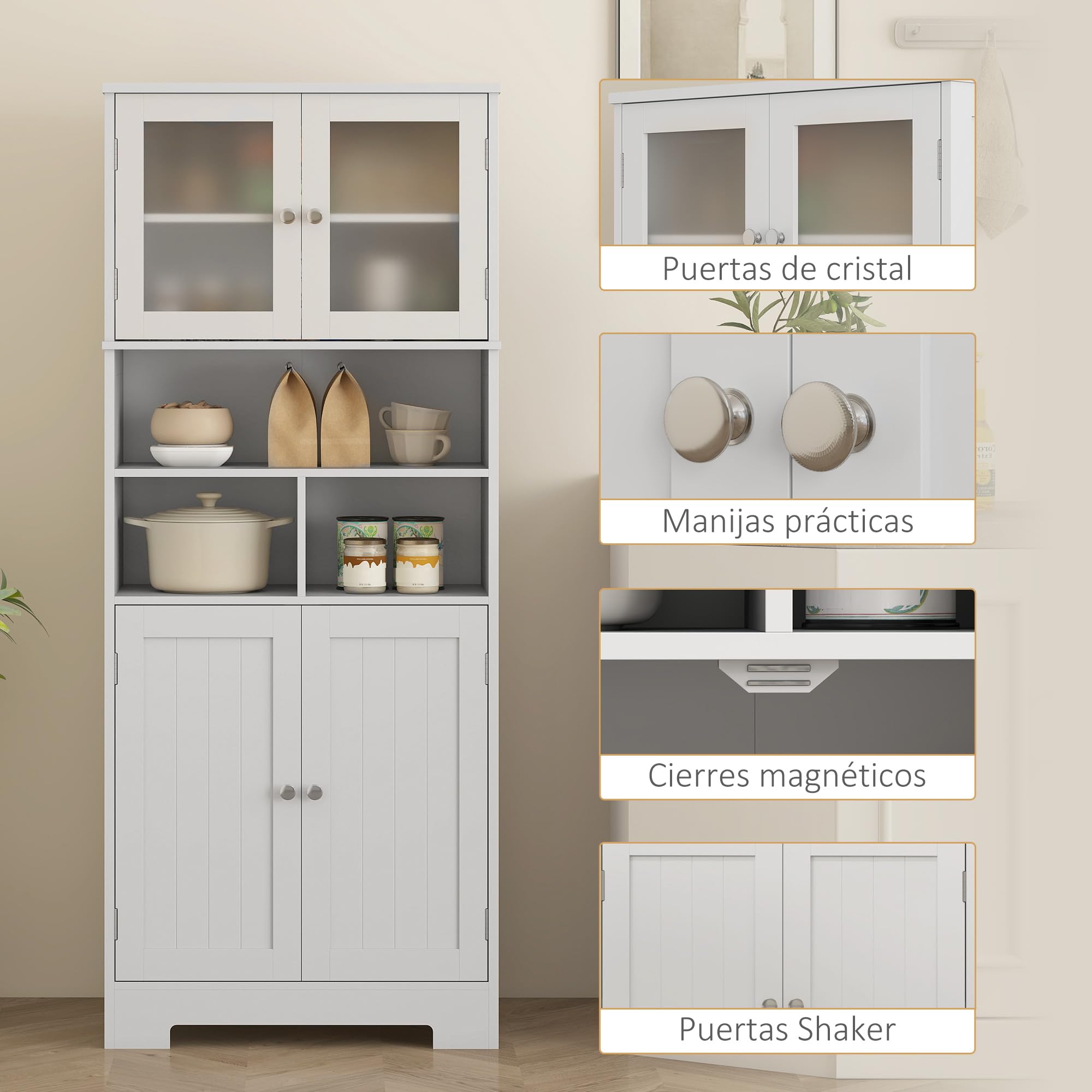 HOMCOM Credenza Cucina con 2 Armadietto, 3 Vani Aperti, Mobile Dispensa Stretto con Ante in Vetro e Ripiani Regolabili, per Soggiorno, Sala da Pranzo, 60x30x145.5 cm, Bianco