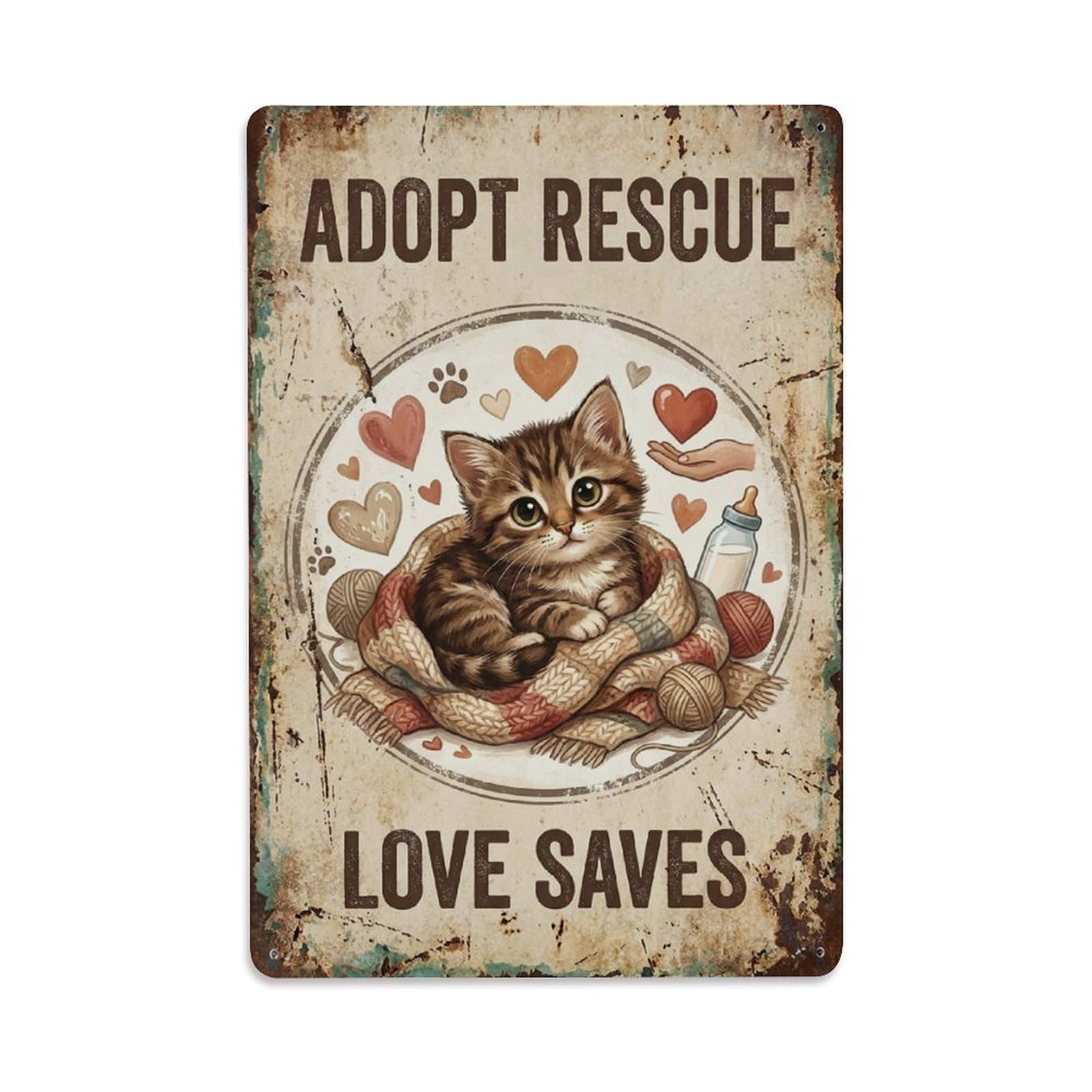 Okngb Style Rustic Kitten Pet Lover Quote Rescue Love Saves Retro Metal Tin Sign Plaque Wall Decor For Cafe, Man Cave, Club Bar, Office, Home Garden Round Metal Poster 8X12inch