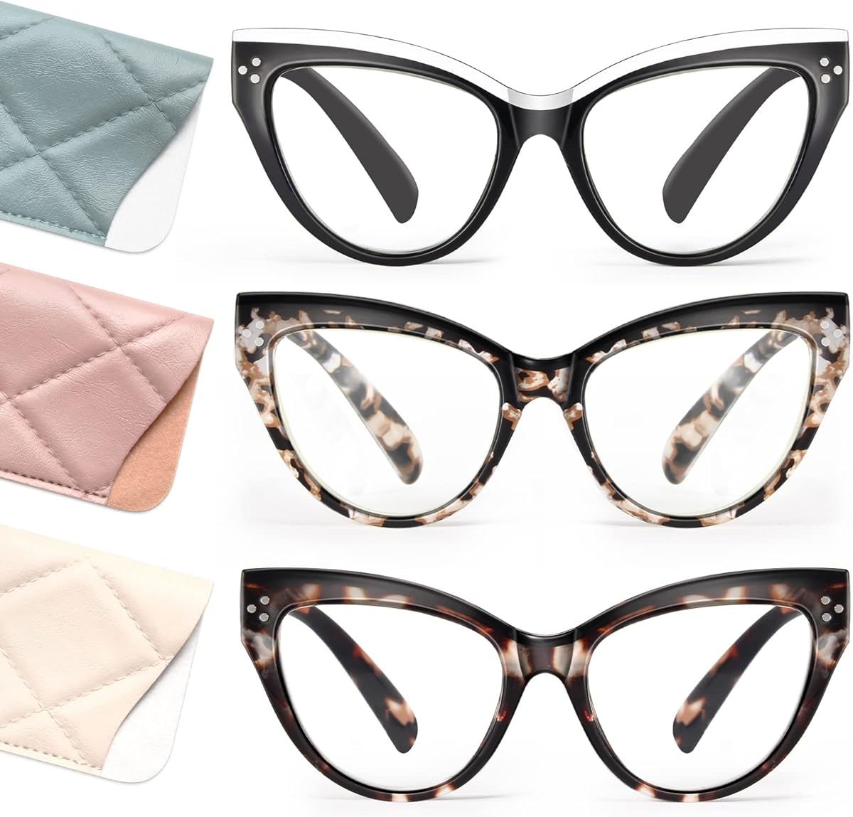IBOANN 3 Pack Cat Eye Blue Light Glasses for Wome -Fashion Fake Eyeglasses Oversized Frame-Filtering Blu-Ray Computer