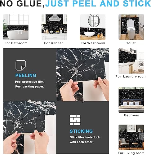 Miniatura 6 de URCOLOR Azulejos de pared de 32 piezas para despegar y pegar, 4 x 8 pulgadas, PVC negro brillante mármol palo en azulejos de metro para cocina,