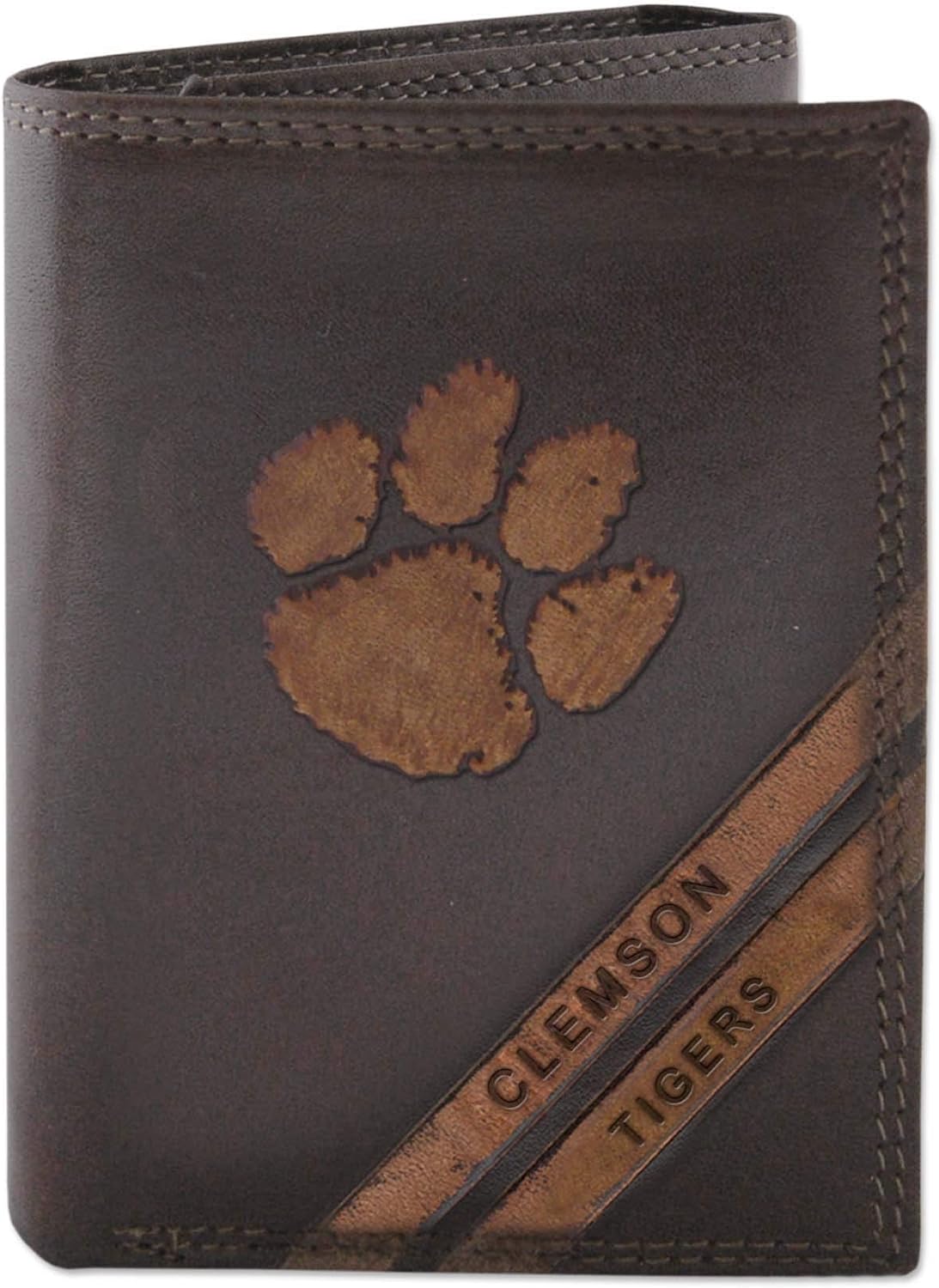 NCAA Clemson Tigers Zep-Pro Pull-Up Leather Trifold Embossed Wallet, Brown