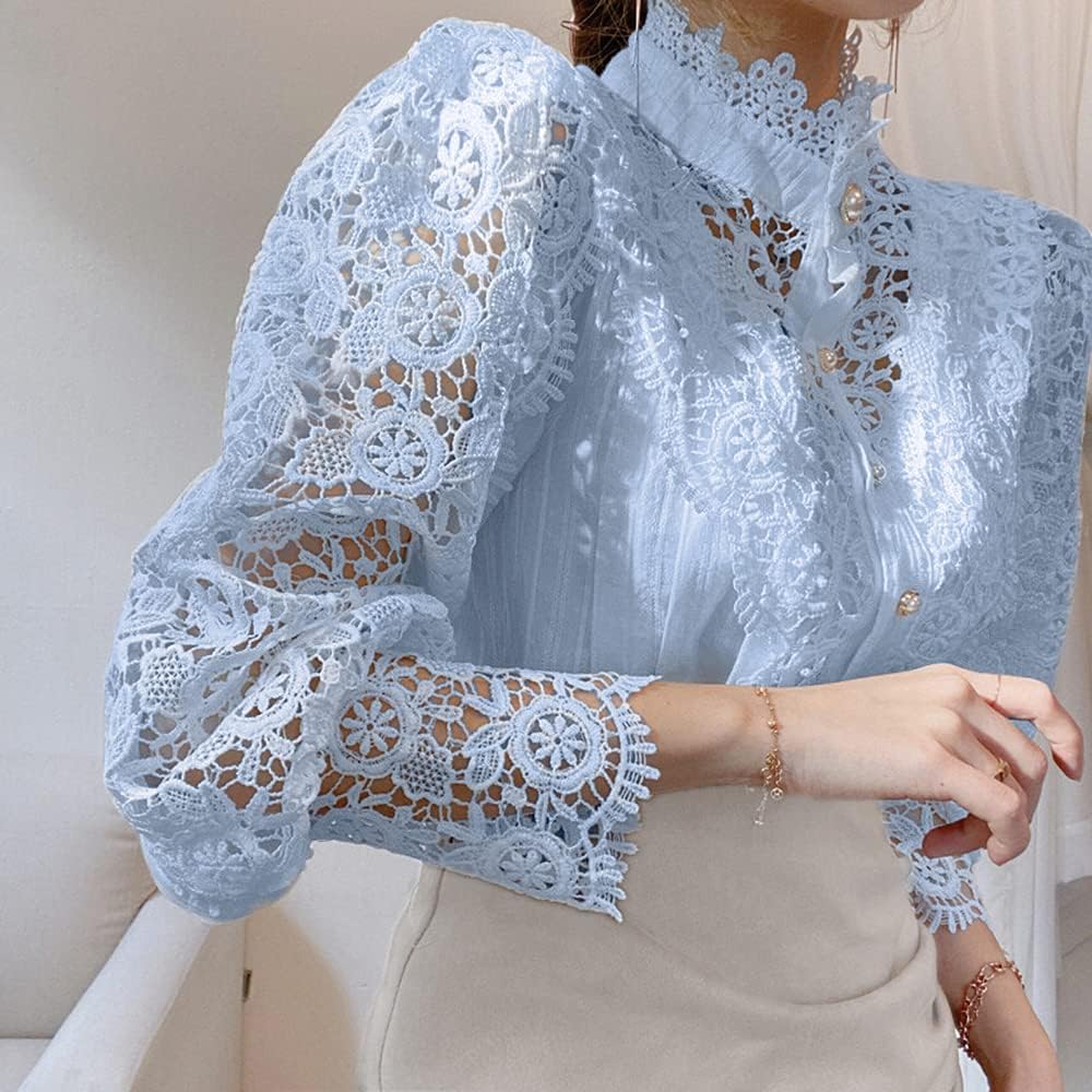 Women’s Elegant Lace Trim Shirts Casual Victorian Blouse Long Sleeve Button Down Tops - Image 4