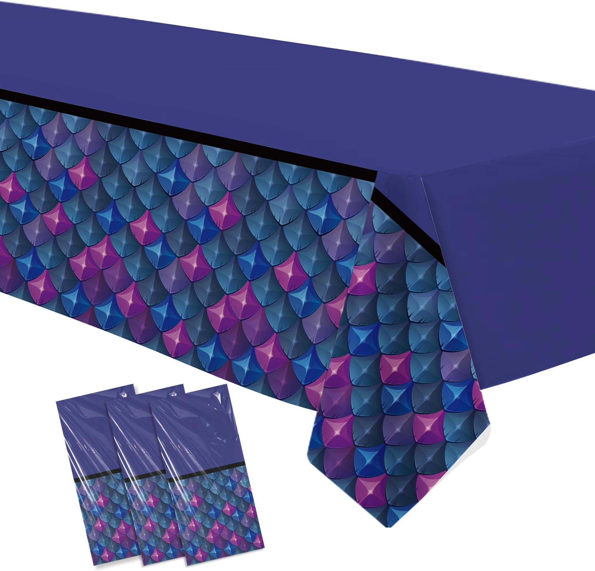 Mythical Dragon Scale Tablecloth Decorations, 3 Pack Disposable Purple & Blue Gradient Fantasy Theme Table Cover for Birthday, Medieval, Knight, 55in x 86in