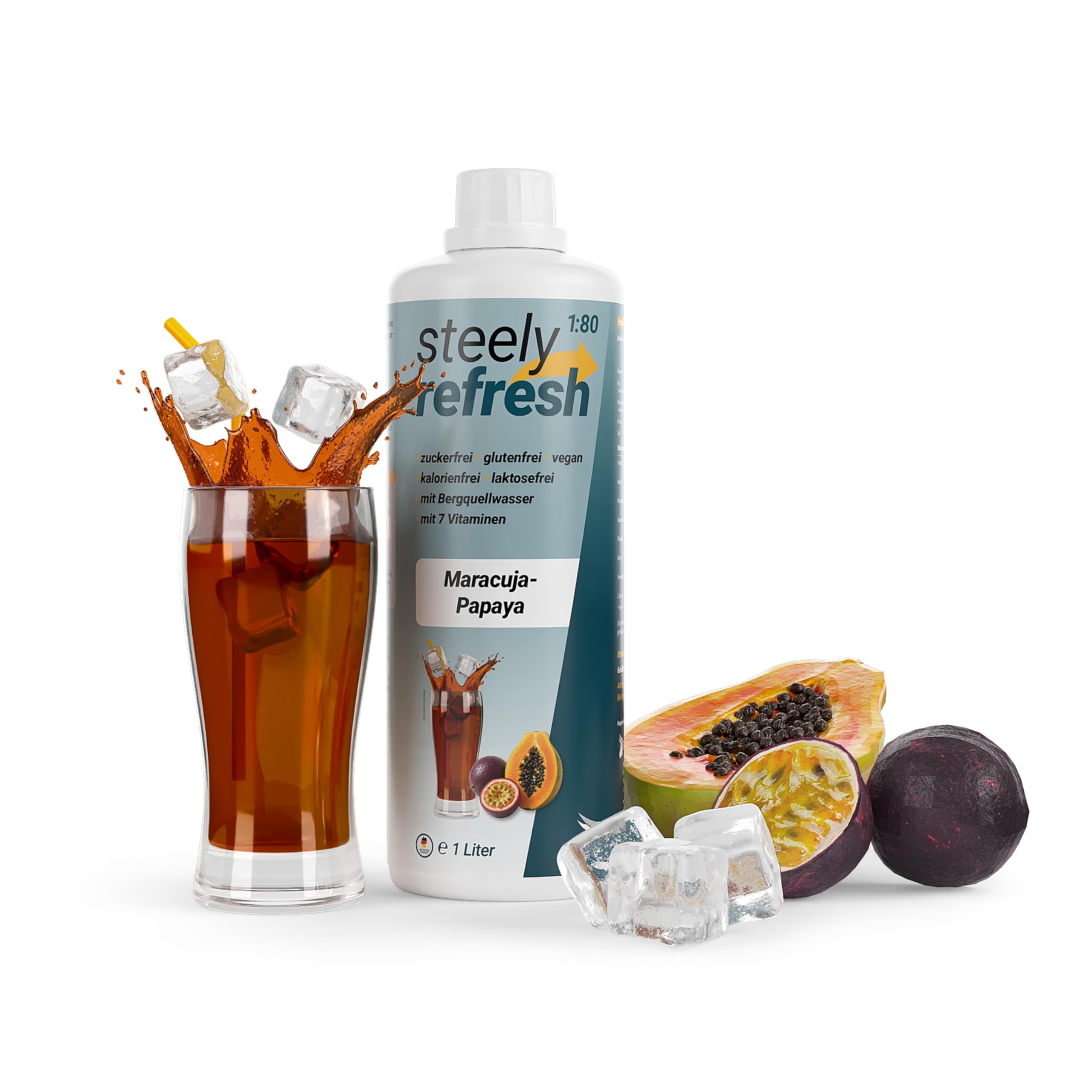 SteelyRefresh Sirup ohne Zucker | Geschmack: Maracuja-Papaya | 1 Liter Getränkesirup mit Vitaminen | STEELY SPORTS | für bis zu 80L Getränk | Perfekt für Sport & Wassersprudler