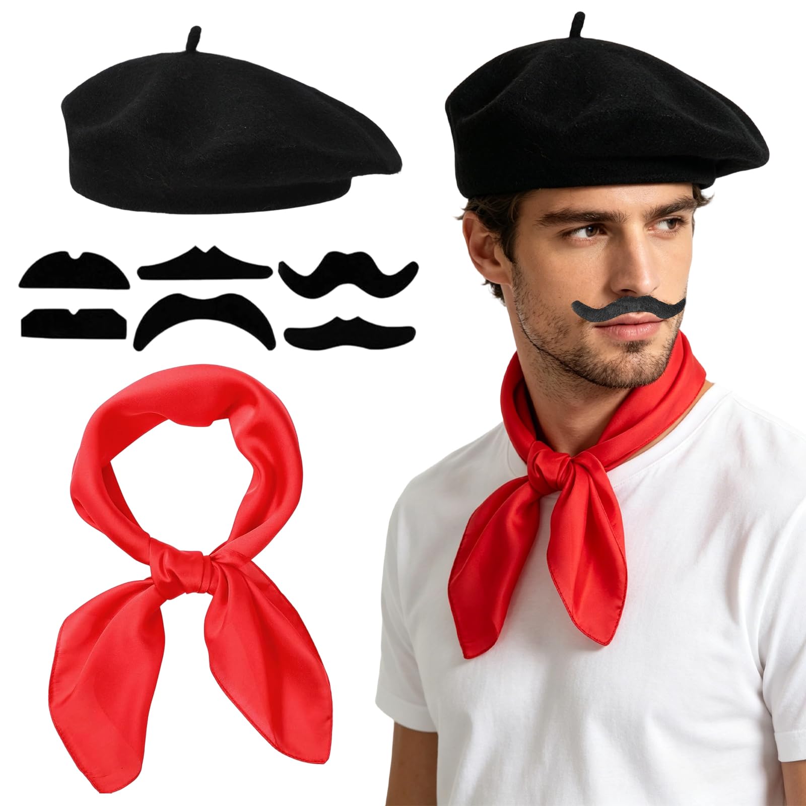 8 Piezas Disfraz Francés Unisex, Accesorios de Disfraz de Artista para Adultos, Kit de Mimo con Boina, Barba, Bufanda, para Fiestas Temáticas, Carnaval, Cosplay, Halloween