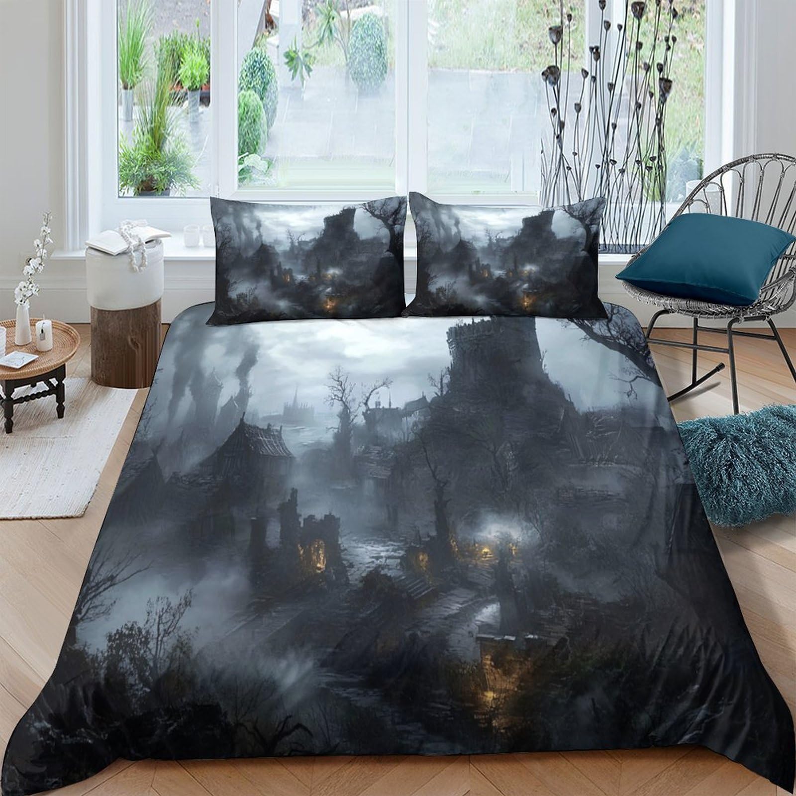 Ctjqhvkz Style-5 3D Printed Dark Fantasy Castle Fitted Sheet Microfiber Soft Breathable Misty Forest Mattress Cover Bedroom Decor Single（135X200cm）
