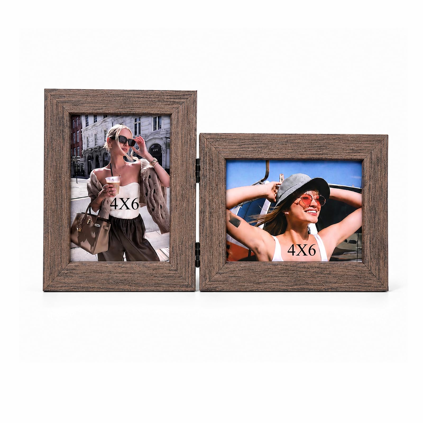 Double Hinged Wooden Photo Frame, Solid Wood Folding Picture Frame for 2 Photos, Dark Walnut Two Photo Frame with Clear Front Panel, Tabletop Family Picture Frame for Home, Office (5X7)