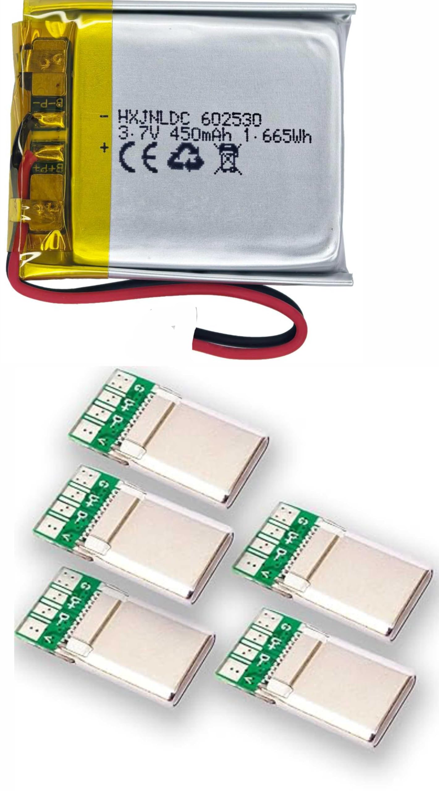 USB Type-C Male Port Card Plug Socket, 4-Pin Solder Connector Module with 3.7V 500mAh Rechargeable Lithium Polymer Battery, Pack of 6-image-46