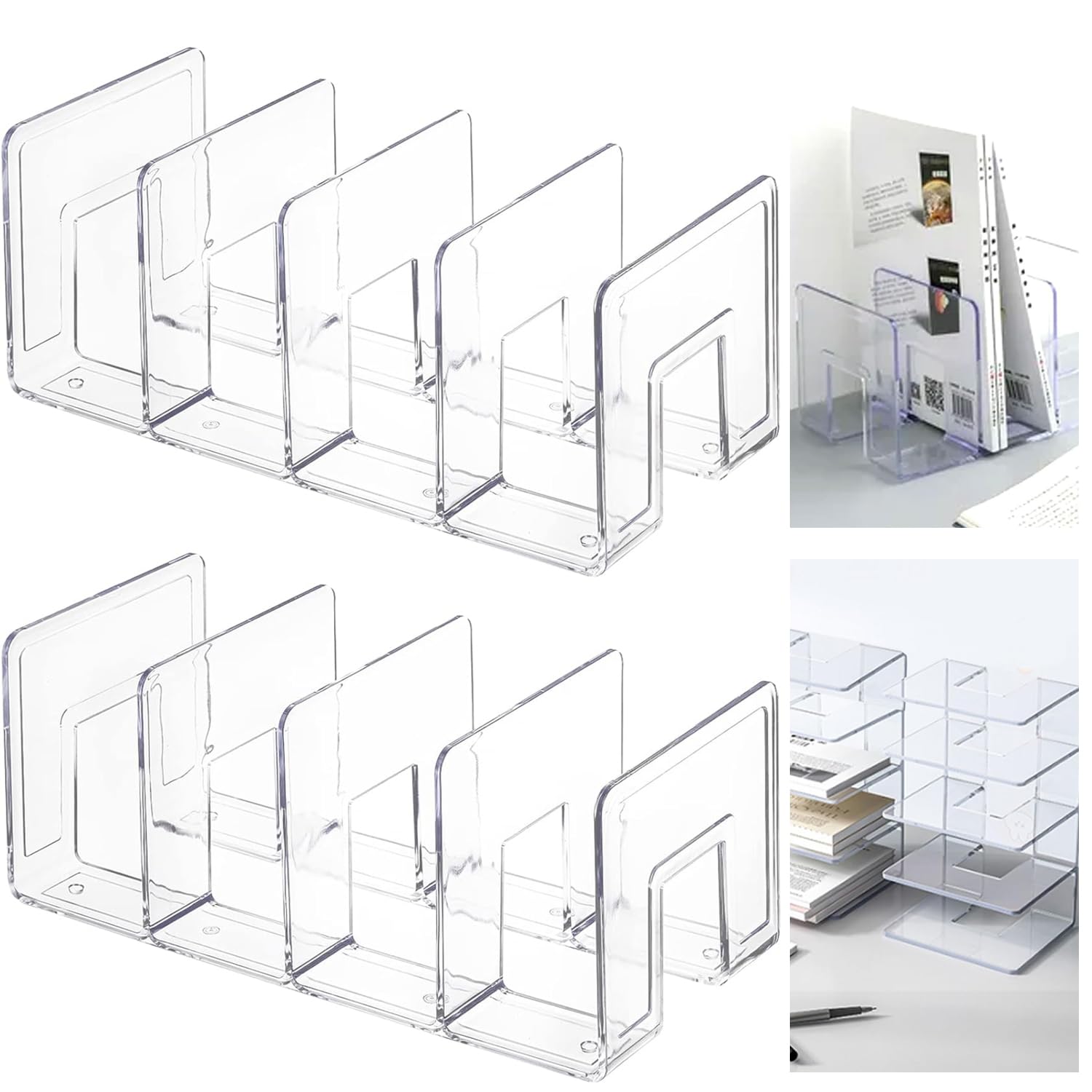 Panavage | Book Stand, Transparent Desk File Organiser with 4 Slots – Space-Saving Desktop Storage for Books, Documents, Files, CDs & Magazines – Home & Office Organisation (2-Pack) — image 1