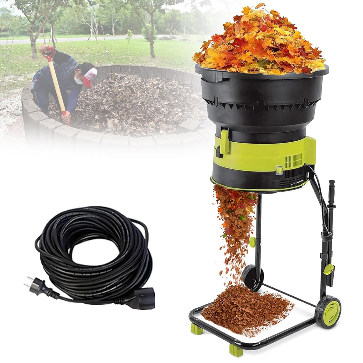 Trituradora eléctrica de residuos de jardín, trituradora de Hojas y Compost eléctrica de Alta Potencia, 8000 RPM para Hojas y preparación de Compost. 10mpowercord